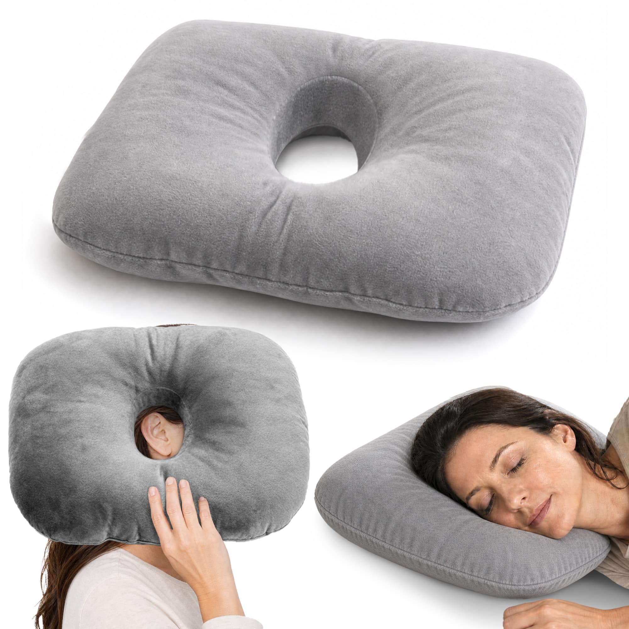 Cheer Collection - Ear Pillow for Side Sleepers with 3.5-Inch Center Opening, Adjustable Fill, 17.3 x 12.6 in - Gray