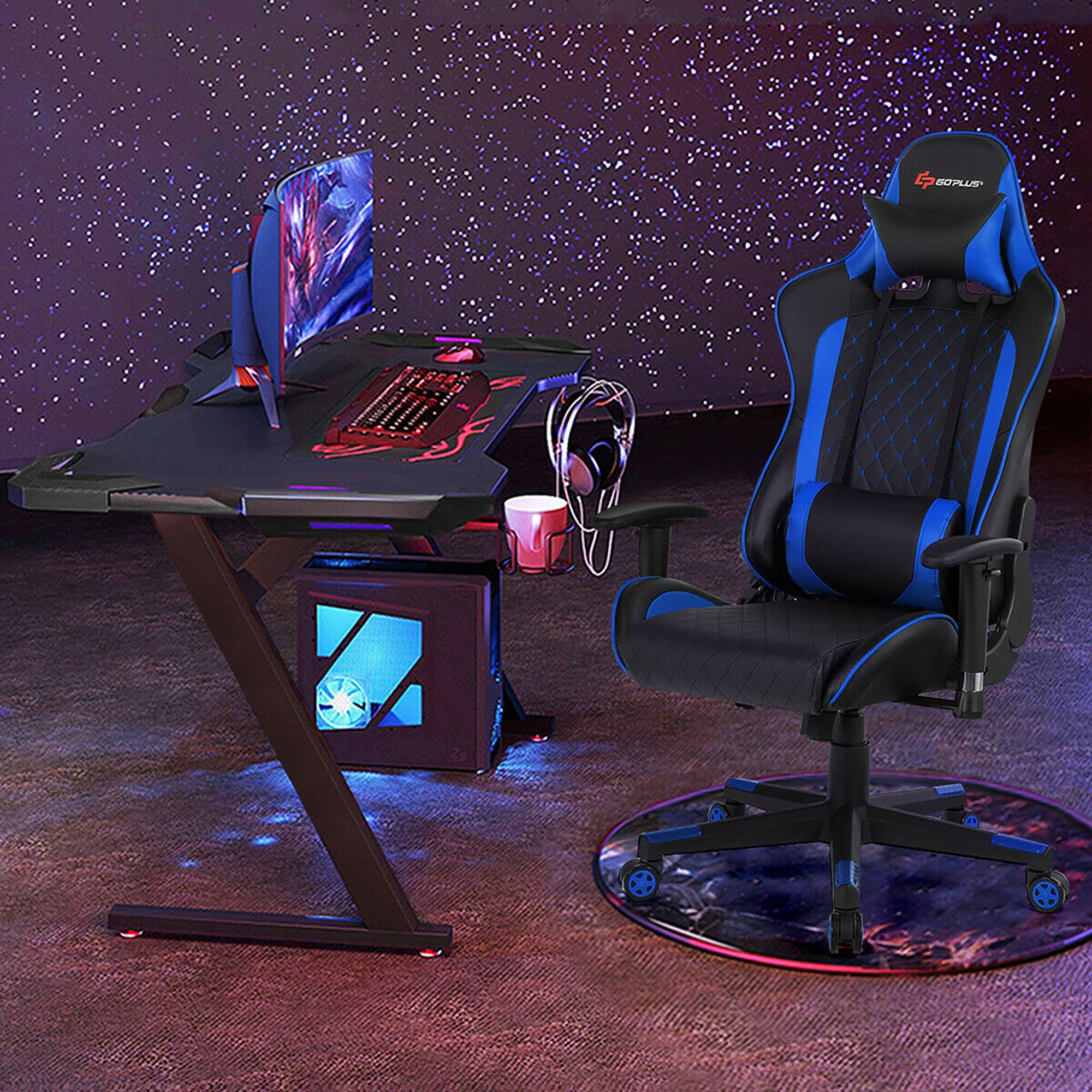 Angle. Costway - Racing Massage Gaming Chair with Lumbar Support - Blue + Black.
