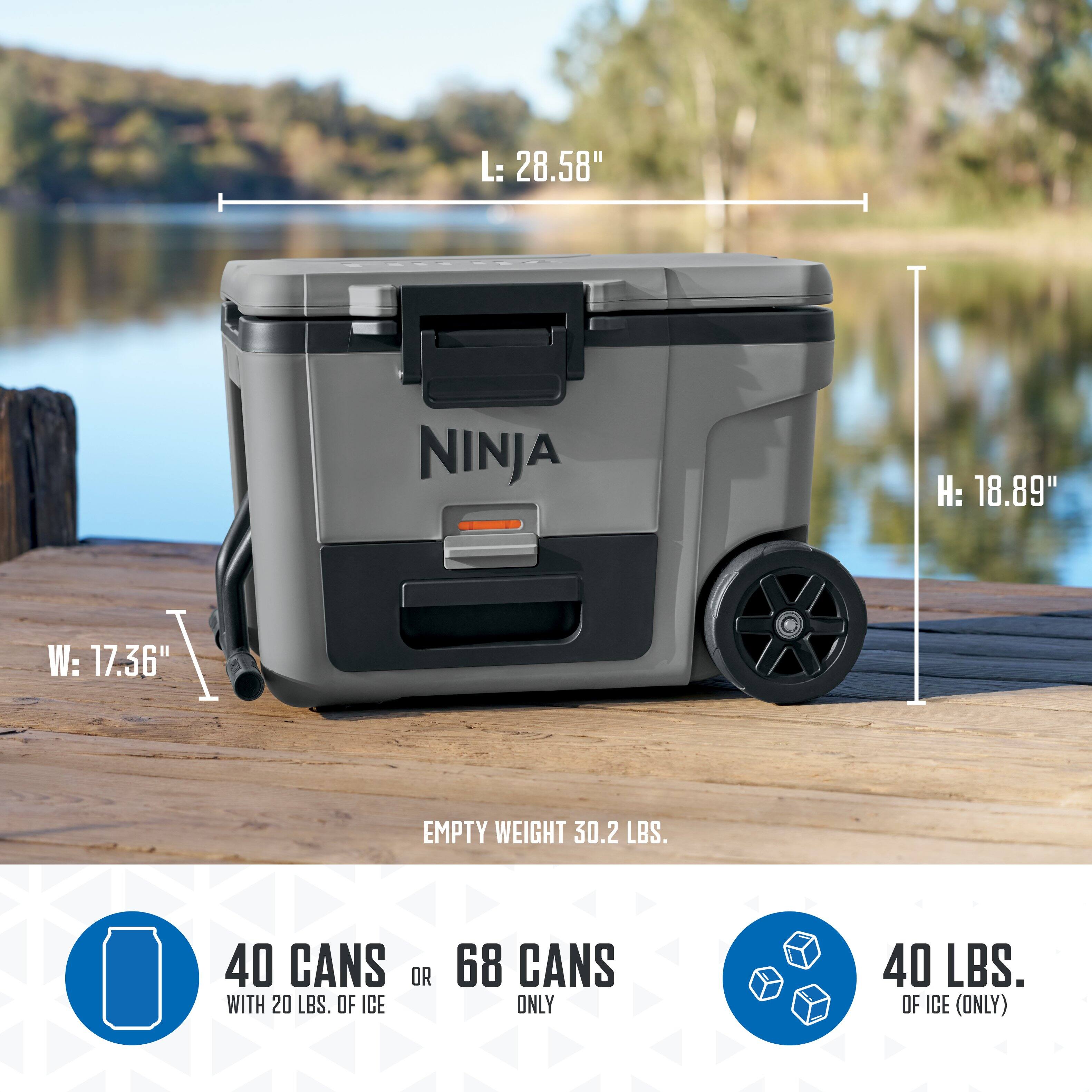 The text on the image is grouped and corrected as follows:

L: 28.58"
NINJA
H: 18.89"
W: 17.36"
Empty Weight: 30.2 LBS.
40 CANS OR WITH 20 LBS. OF ICE: 68 CANS ONLY
40 LBS. OF ICE (ONLY): 68 CANS ONLY