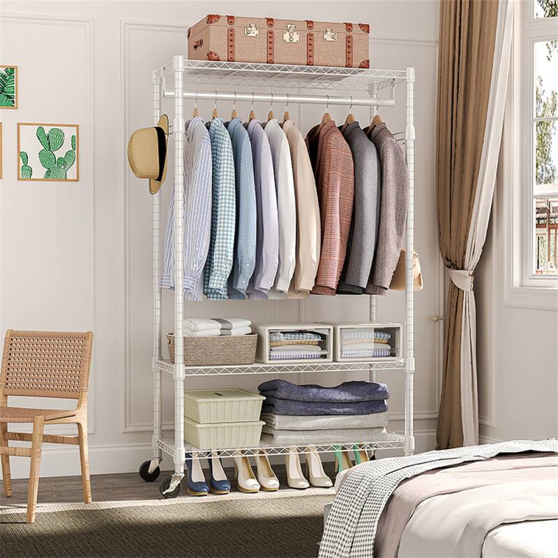 Angle. ALEXOUN - 3 Tiers Heavy Duty Rolling Garment Rack -15.7" x 29.5" x 74.5",Adjustable Wire Shelving, Rack with Rods and Side Hooks - White.