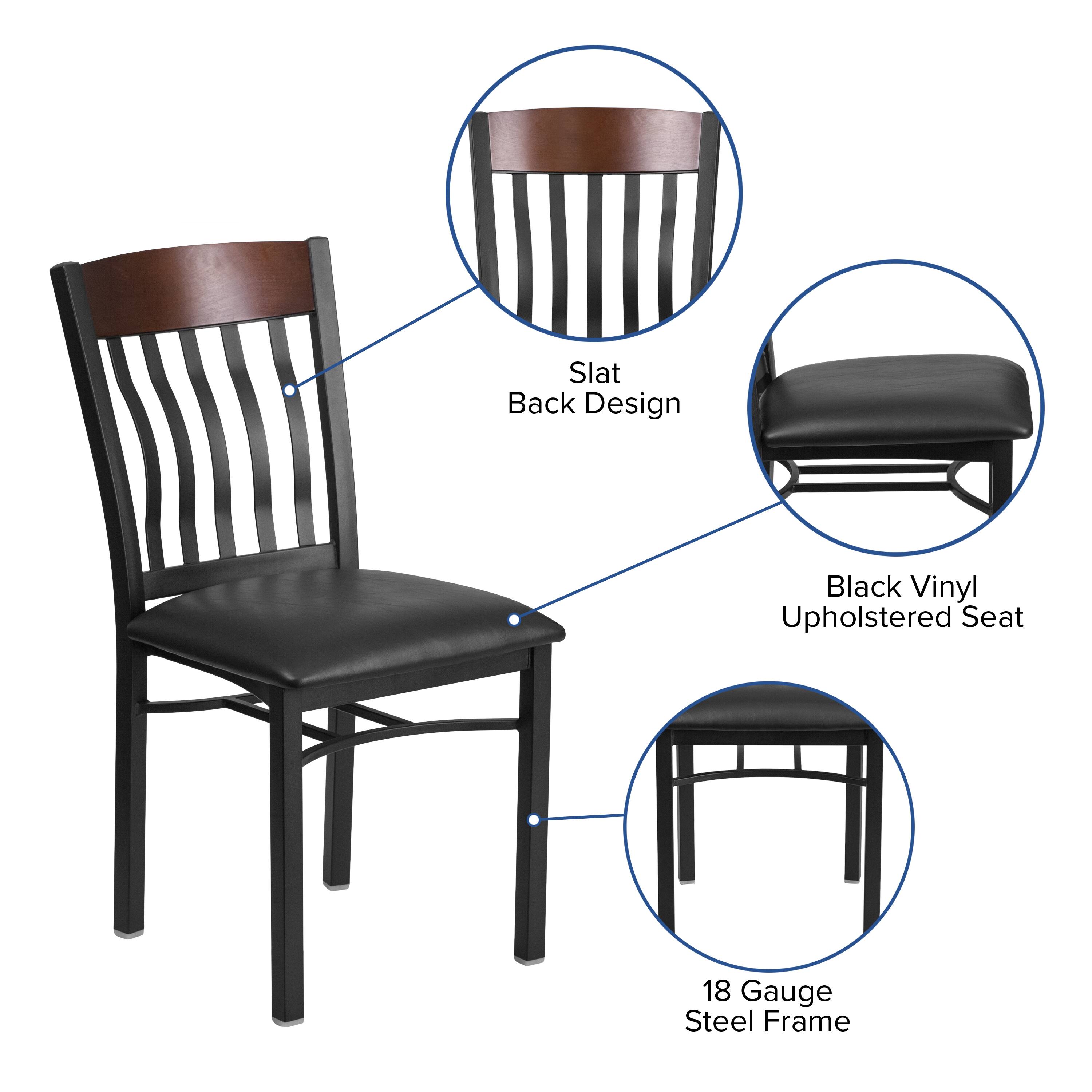 Slat Back Design  
Black Vinyl Upholstered Seat  
18 Gauge Steel Frame