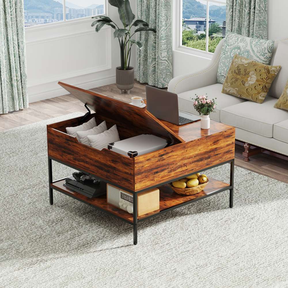 Alt View 2. Lirago - 32" Flip-Top Coffee Table Dark Walnut Black Metal with Lift-Top Design Hidden Compartment - Brown.