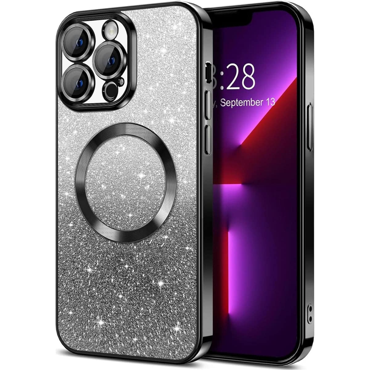 Front. Entronix - Entronix Magnetic Case for iPhone 13 Pro - Clear Back Luxury Glossy Cover - Glitter Black.