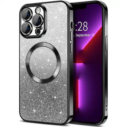 Front. Entronix - Entronix Magnetic Phone Case for iPhone 14 Pro Max - Clear Luxury Glossy Cover - Glitter Black.