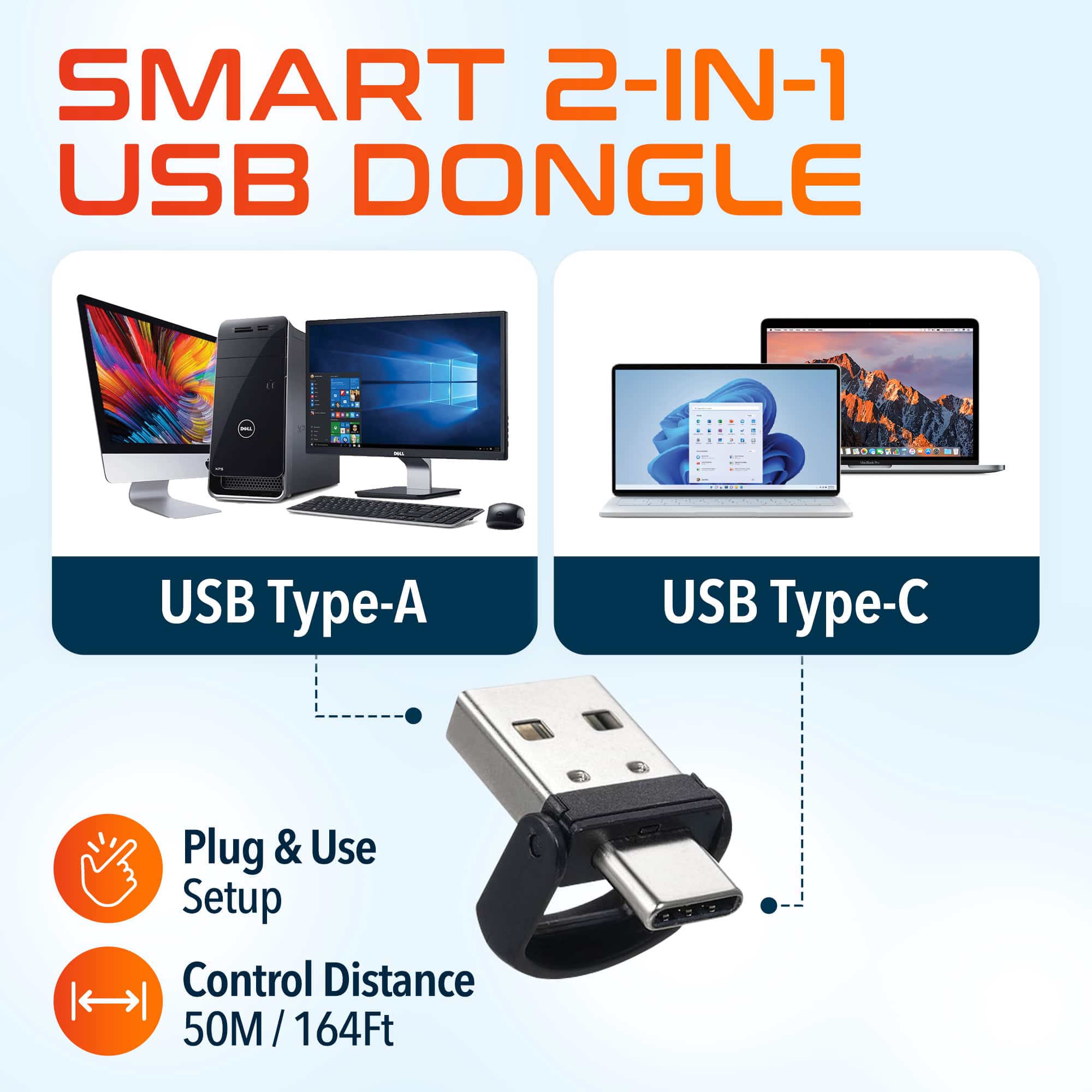 SMART 2-IN-1 USB DONGLE, USB Type-A, USB Type-C, Plug & Use Setup, Control Distance 50M/164Ft