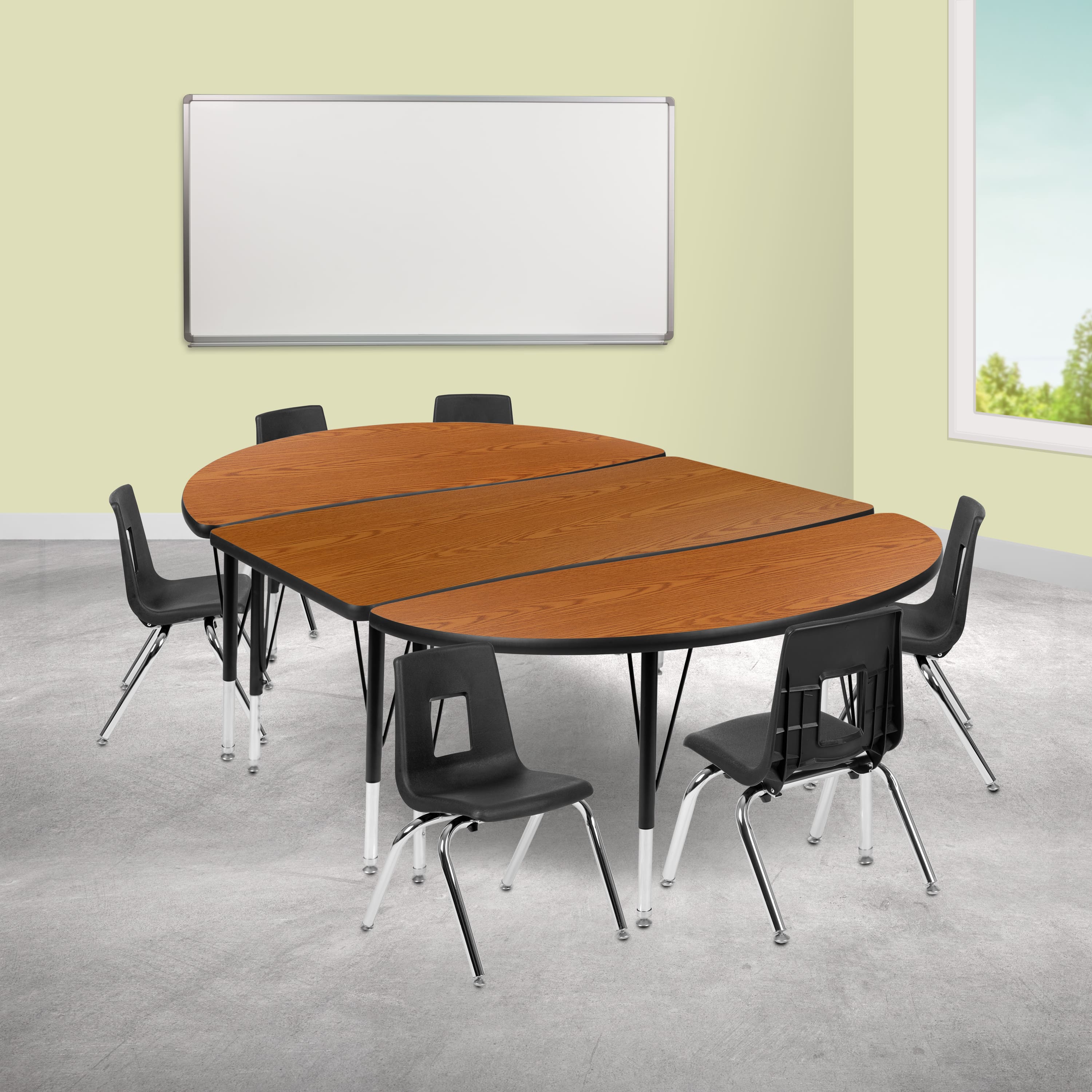 "Emma + Oliver - 76"" Oval Wave Collaborative Laminate Activity Table Set with 12"" Student Stack Chairs, Grey/Black - Oak" price history on PriceWatchPro