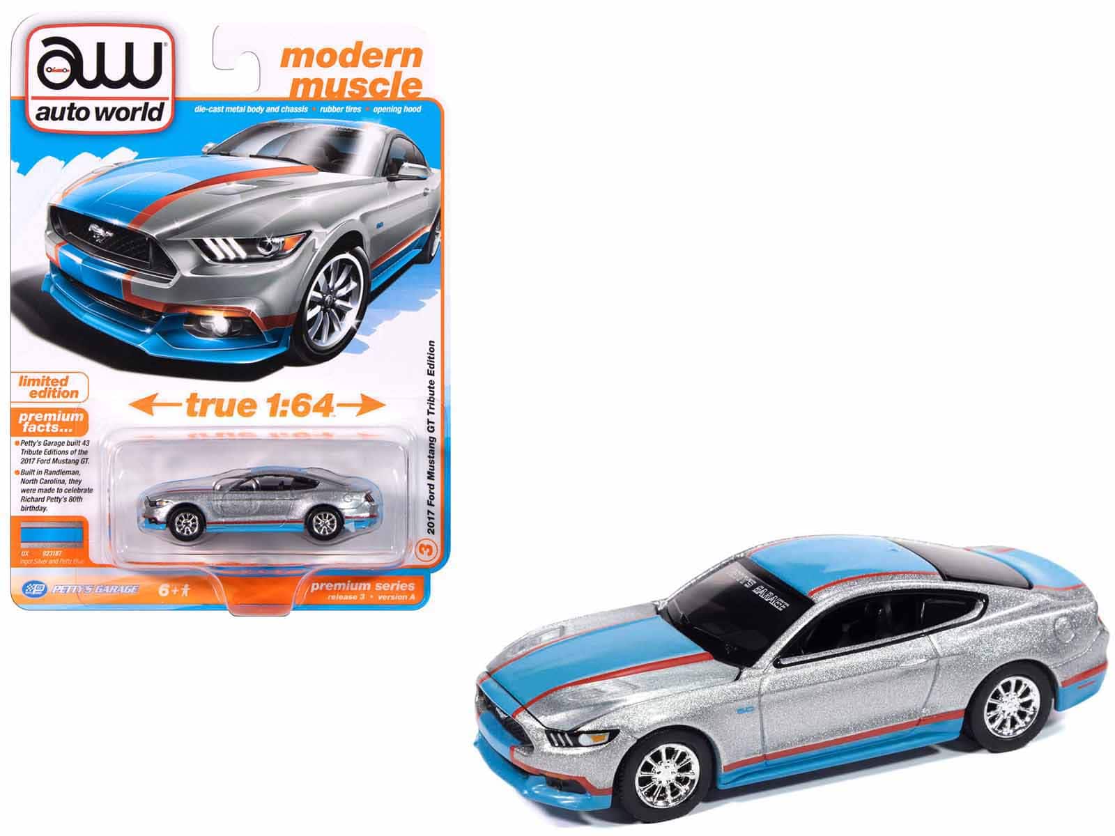 Autoworld - 2017 Ford Mustang GT Tribute Edition Ingot Silver Metallic with Petty Blue and Red 1/64 Diecast Model Car by Auto World price history on PriceWatchPro