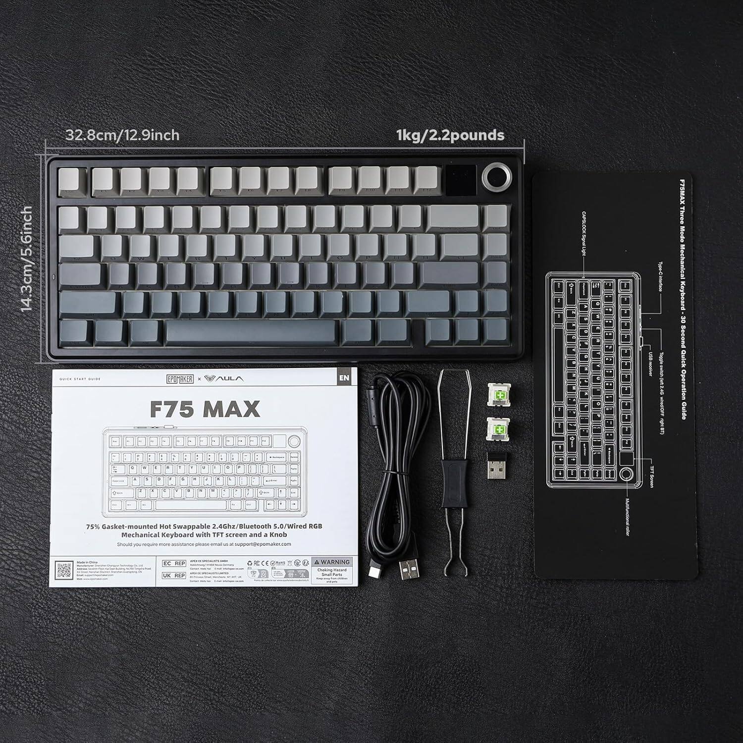 The text on the image can be grouped and corrected as follows:

**Dimensions and Weight:**
- 32.8 cm / 12.9 inch
- 1 kg / 2.2 pounds
- 14.3 cm / 5.6 inch

**Product Information:**
- AULA F75 MAX
- EN 7
- Three Mode Mechanical Keyboard
- 30 Position Quick Operation Guide
- 75% Casket Mounted Hot Swappable
- 2.4Ghz / Bluetooth / Wired
- Mechanical Keyboard with TFT Screen and a Knob

**Contact Information:**
- support@epomaker.com

**Warning:**
- CE, FCC, RoHS, and other regulatory compliance symbols

**Additional Details:**
- UK REP: [Details not fully visible]
- DE NF: [Details not fully visible]

This text provides the necessary specifications and contact information for the AULA F75 MAX mechanical keyboard.