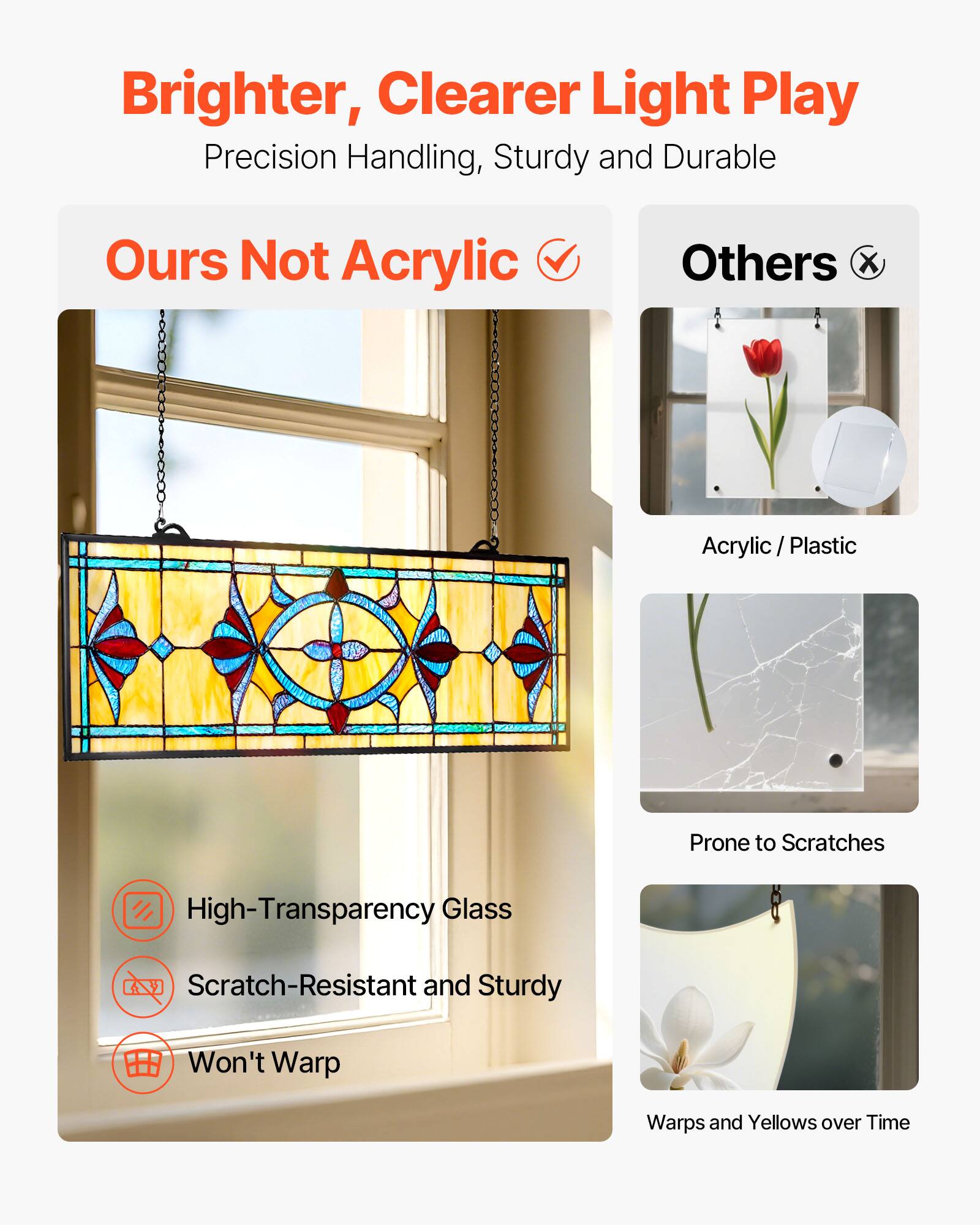 Brighter, Clearer Light Play  
Precision Handling, Sturdy and Durable  

Ours Not Acrylic  
High-Transparency Glass  
Scratch-Resistant and Sturdy  
Won't Warp  

Others  
Acrylic / Plastic  
Prone to Scratches  
Warps and Yellows over Time