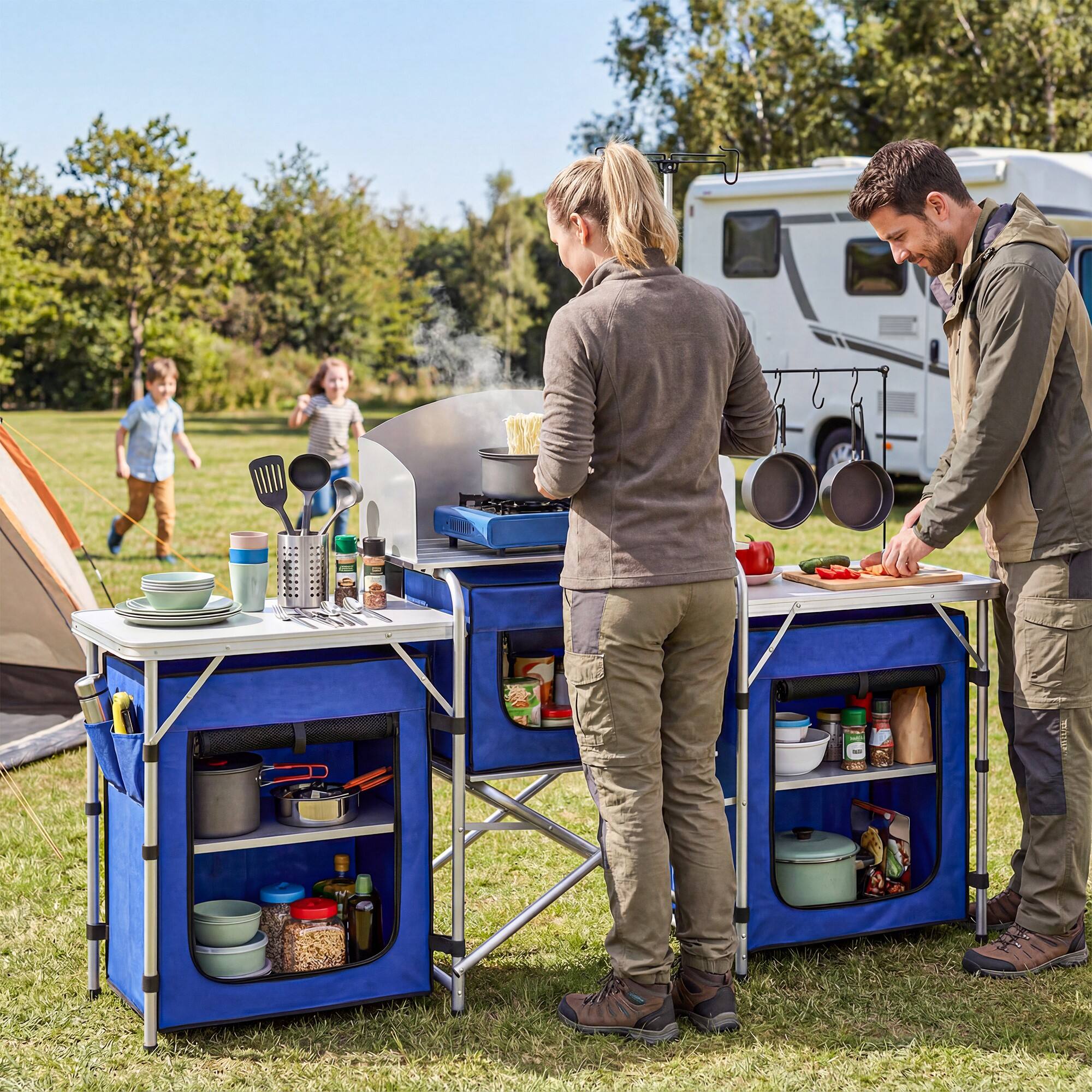 Alt View 1. Outsunny - Camping Kitchen, Portable Folding Camping Table with Fabric Cupboards, Windshield, Bag for BBQ - Blue.