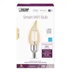 FEIT Electric Smart WiFi Bulb
- Soft White 2700K
- LED 40W Replacement
- Brightness/Luminosity: 300 lumens
- Estimated Energy Cost: $0.40 per year
- Control with App or Voice Assistant (Google Assistant, Alexa, Siri)
- WiFi Pack
- 1 Pack (CA10)