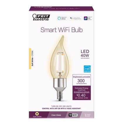 FEIT Electric Smart WiFi Bulb
- Soft White 2700K
- LED 40W Replacement
- Brightness/Luminosity: 300 lumens
- Estimated Energy Cost: $0.40 per year
- Control with App or Voice Assistant (Google Assistant, Alexa, Siri)
- WiFi Pack
- 1 Pack (CA10)