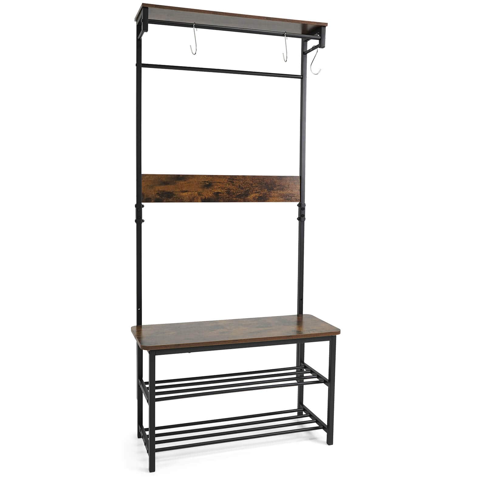 Costway - 4-in-1 Hall Tree: Coat Rack with Shoe Bench, Hanging Rod, Shelves & Removable Hooks - Rustic Brown + Black