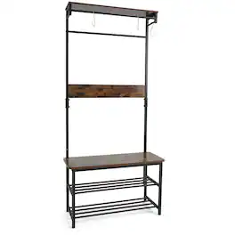 Costway - 4-in-1 Hall Tree: Coat Rack with Shoe Bench, Hanging Rod, Shelves & Removable Hooks - Rustic Brown + Black