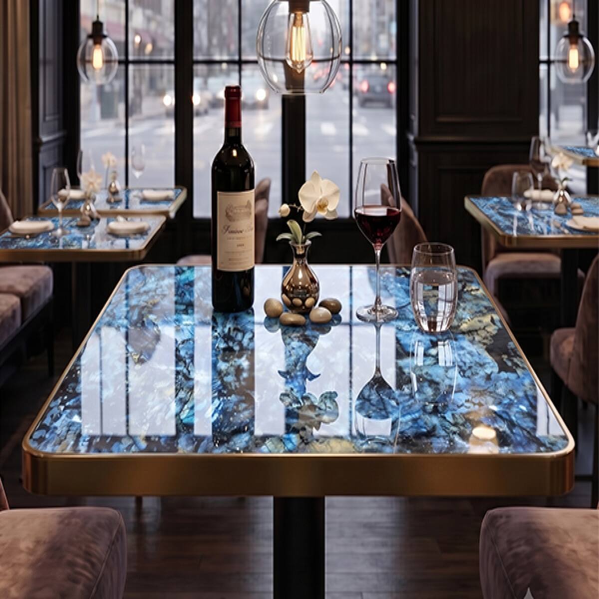 Loheer Small Square Dining Table, Blue Agate Marble Look Top with Gold ...