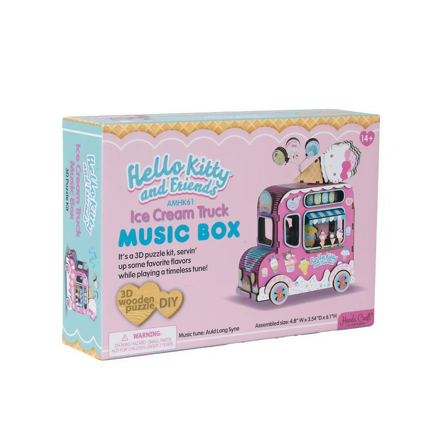 Hello Kitty and Friends Ice Cream Truck Music Box  
AMHK61  

It's a 3D puzzle kit, servin' up some favorite flavors while playing a timeless tune!  
Music tune: Auld Lang Syne  

3D wooden puzzle DIY  

Assembled size: 4.8" W x 3.54" D x 6.1" H  

Hands Craft  

WARNING: CHOKING HAZARD - SMALL PARTS NOT FOR CHILDREN UNDER 3 YEARS  

14+