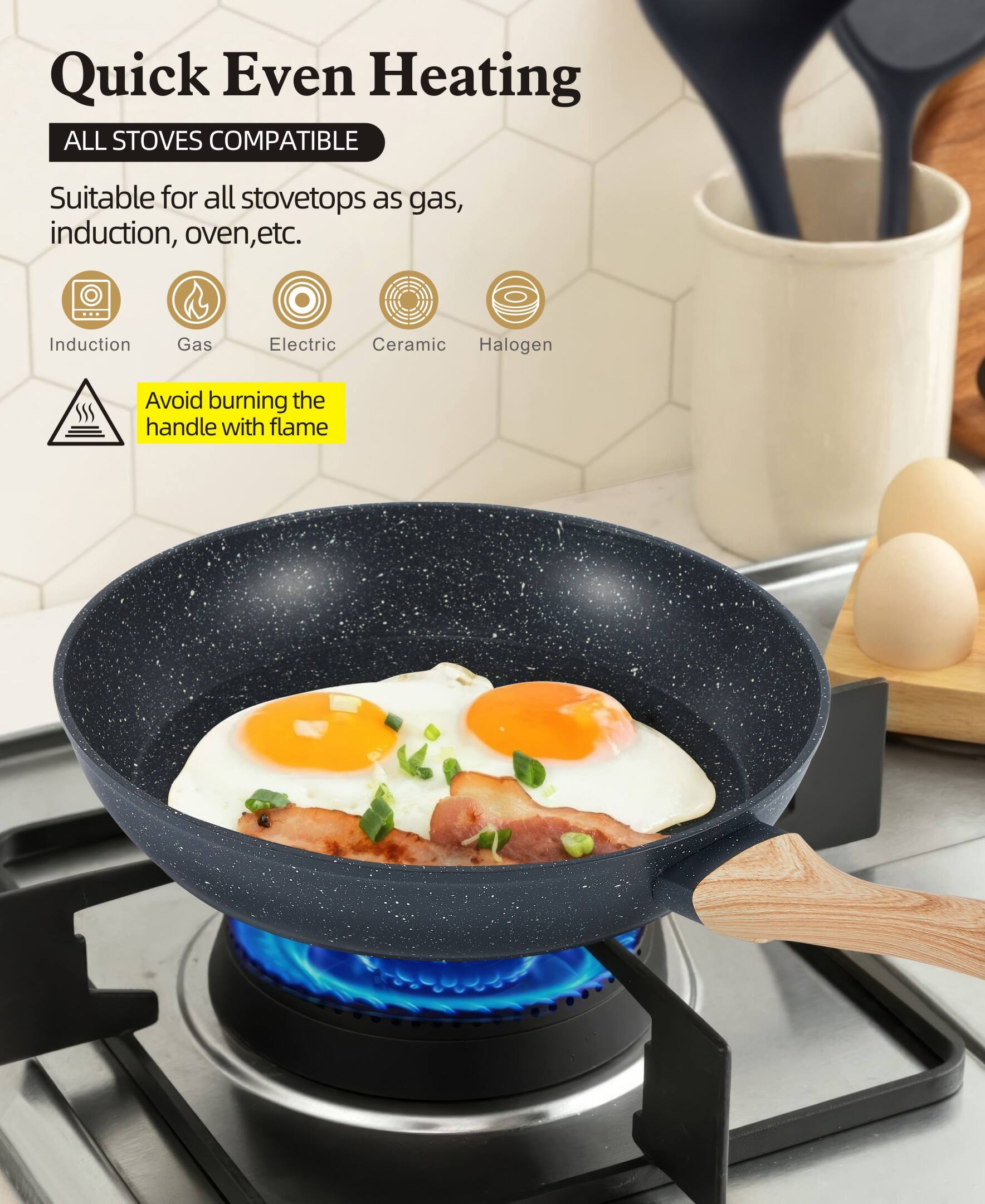 Quick Even Heating

ALL STOVES COMPATIBLE

Suitable for all stovetops as gas, induction, oven, etc.

Induction Gas Electric Ceramic Halogen

Avoid burning the handle with flame