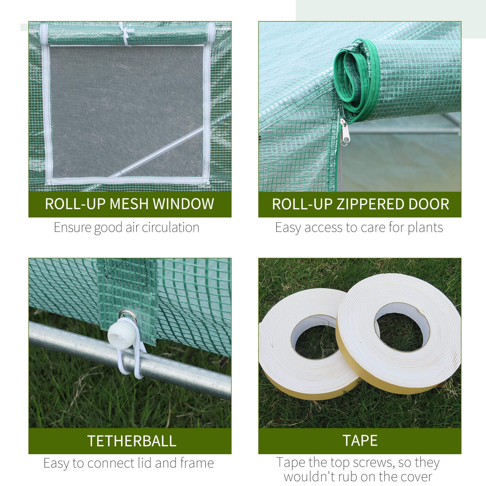 - ROLL-UP MESH WINDOW  
  Ensure good air circulation

- ROLL-UP ZIPPERED DOOR  
  Easy access to care for plants

- TETHERBALL  
  Easy to connect lid and frame

- TAPE  
  Tape the top screws, so they wouldn't rub on the cover