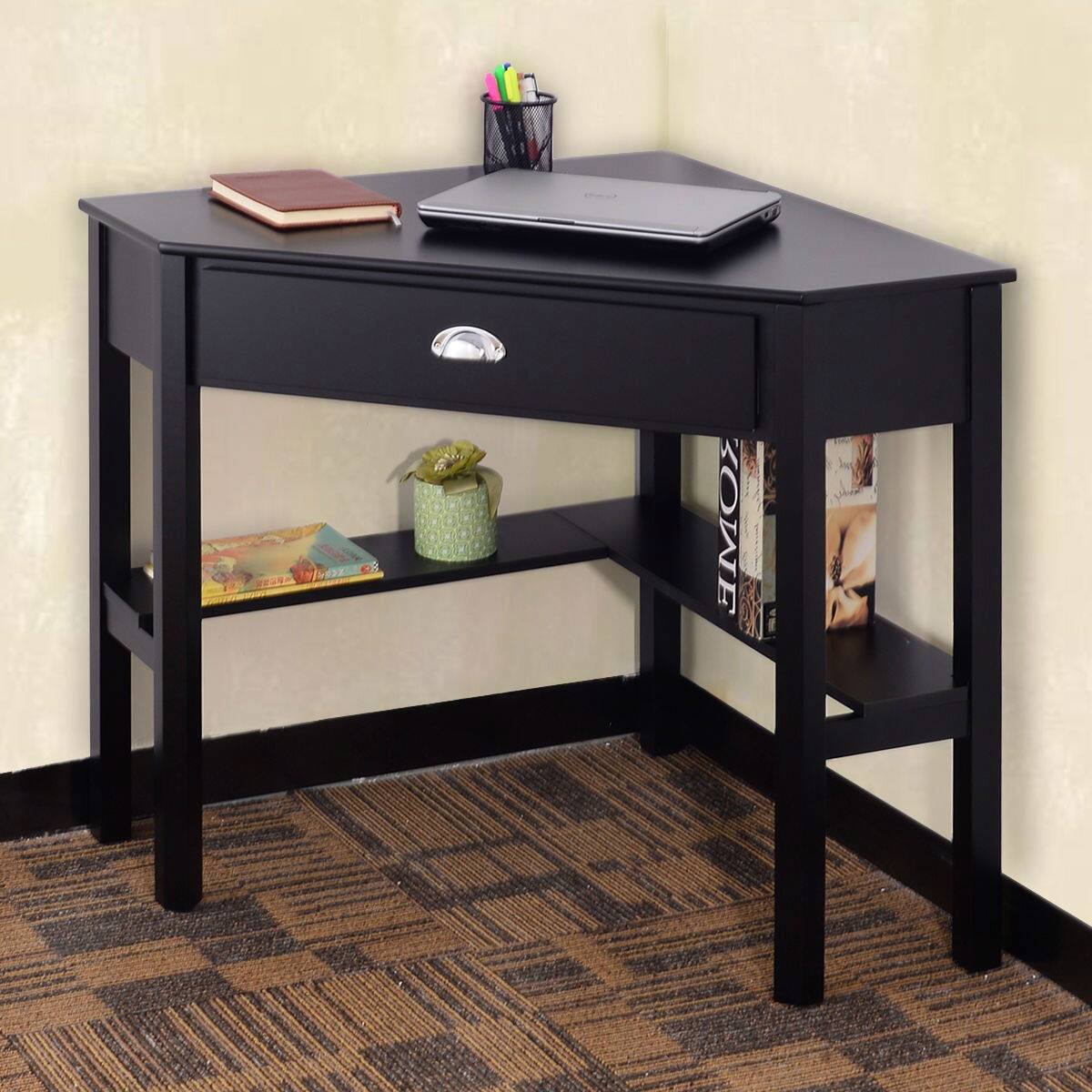 Angle. SlickBlue - Compact Corner Computer Desk with Wooden Finish and Drawer - Black.