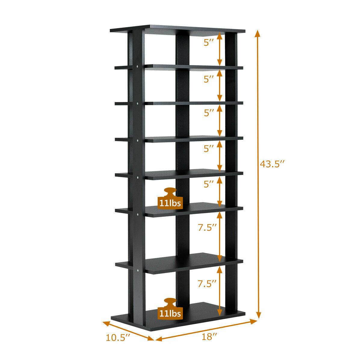- Height: 43.5"
- Shelf spacing: 5"
- Shelf depth: 7.5"
- Shelf width: 18"
- Shelf capacity: 11 lbs
- Base width: 10.5"