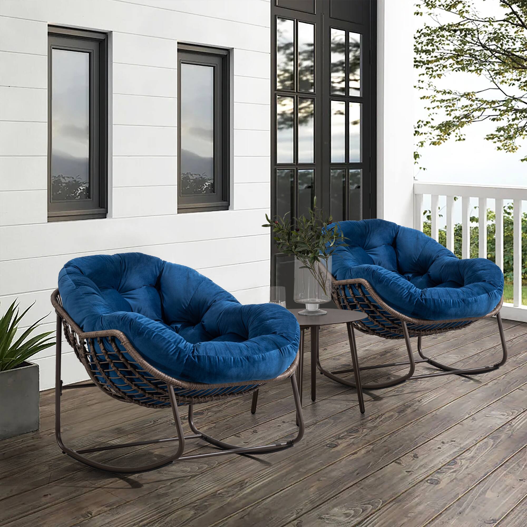 Left. GOODSILO - Outdoor Rattan Rocking Chair Padded Cushion Rocker Recliner for Porch, Living Room, Patio, Garden - Navy Blue.