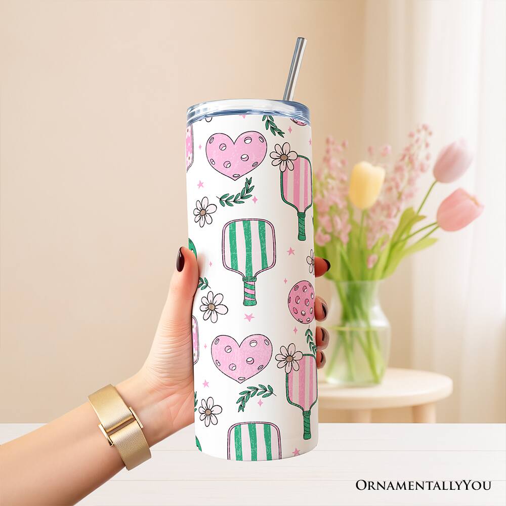 Left. OrnamentallyYou - Sporty Coquette Pink Retro Pickleball 20oz Tumbler With Stainless Steel Straw, Valentine Gift - Multicolored.