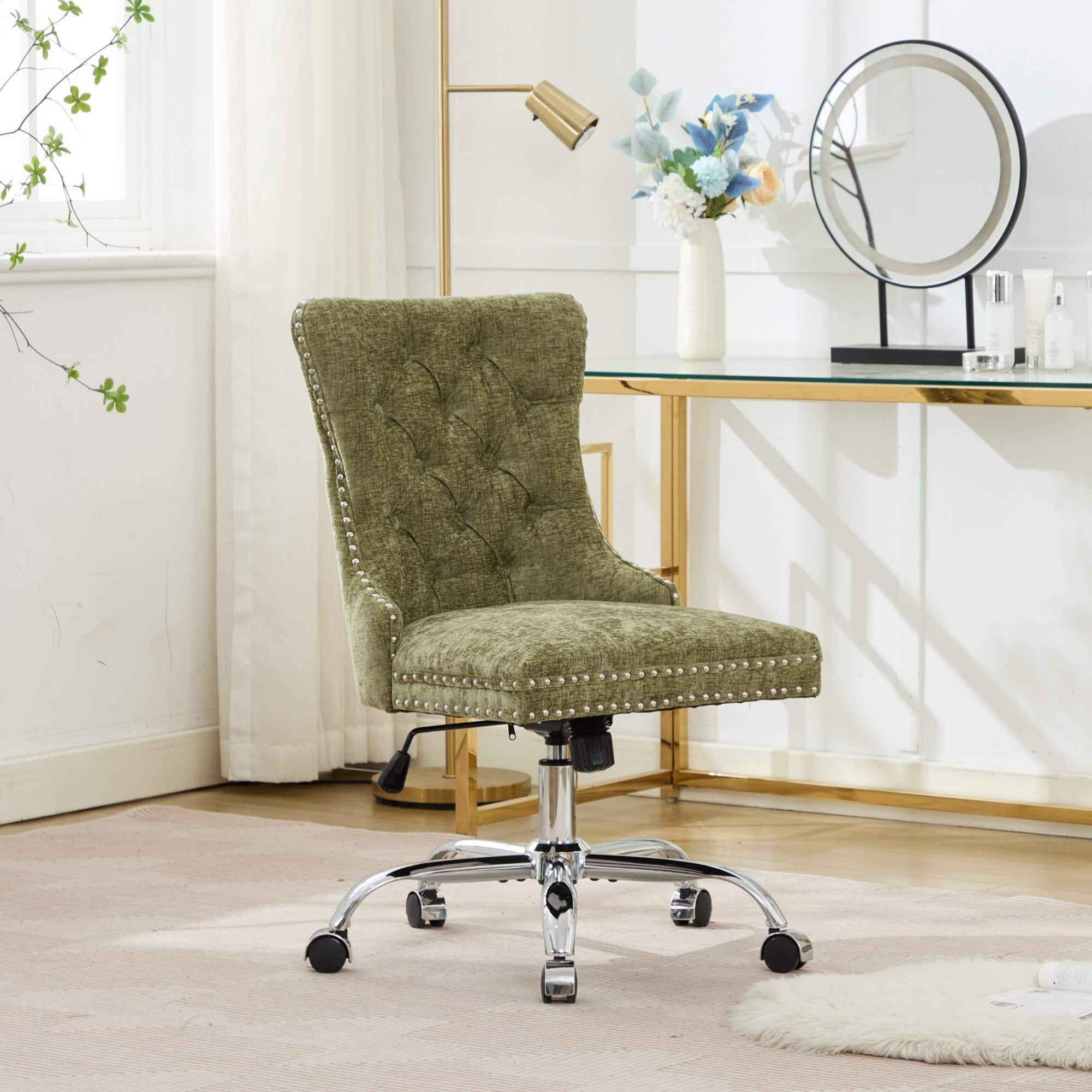 GOODSILO - Modern Chenille Upholstered Office Chair with Tufted Button Design and Chrome Metal Base for Home Office Workspace - Green
