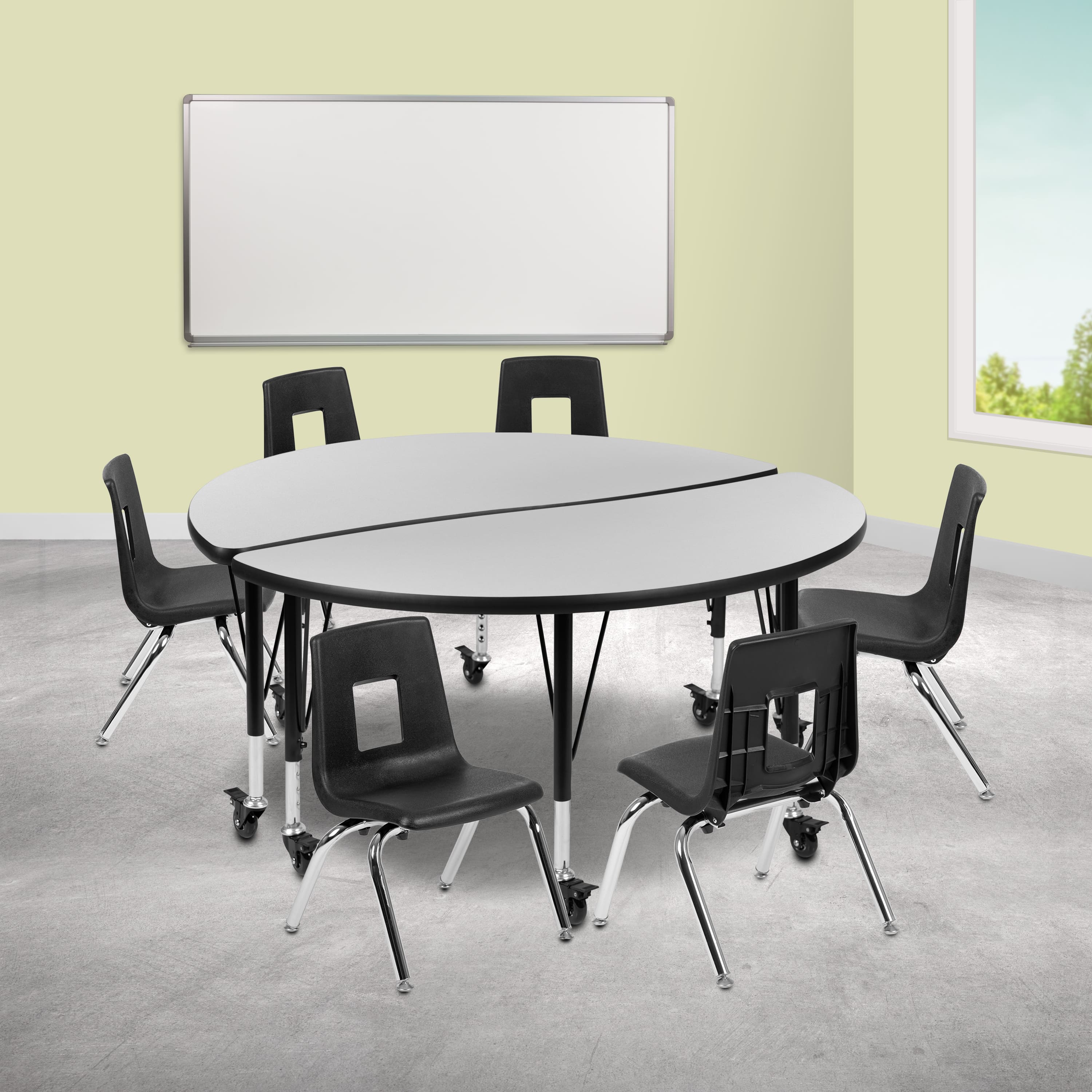 "Emma + Oliver - Mobile 47.5"" Circle Wave Collaborative Laminate Activity Table Set with 14"" Student Stack Chairs, Grey/Black - Gray" price history on PriceWatchPro