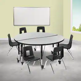 Emma + Oliver - Mobile 47.5" Circle Wave Collaborative Laminate Activity Table Set with 14" Student Stack Chairs, Grey/Black - Gray