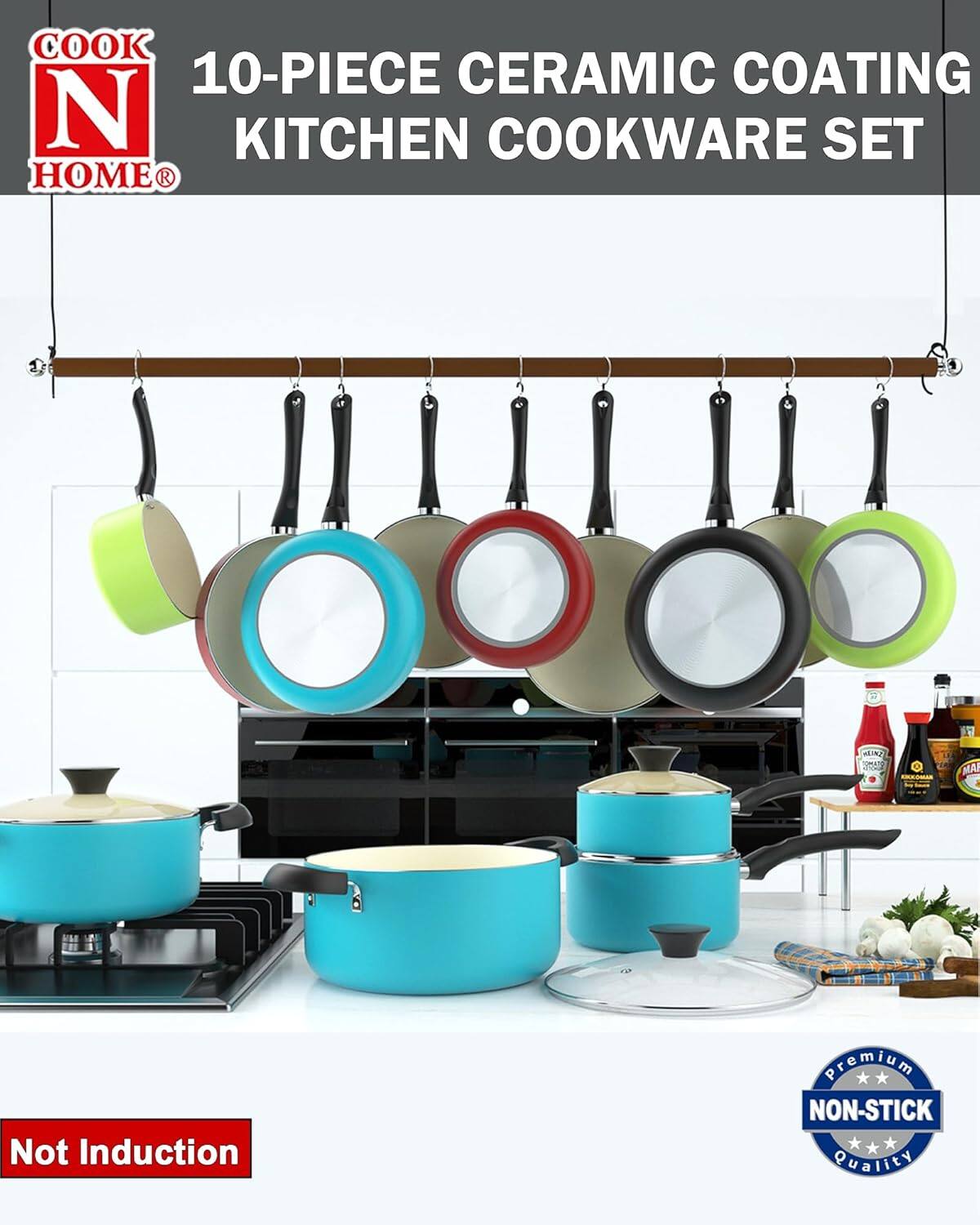 COOK N HOME 10-PIECE CERAMIC COATING KITCHEN COOKWARE SET Not Induction Premium NON-STICK Quality