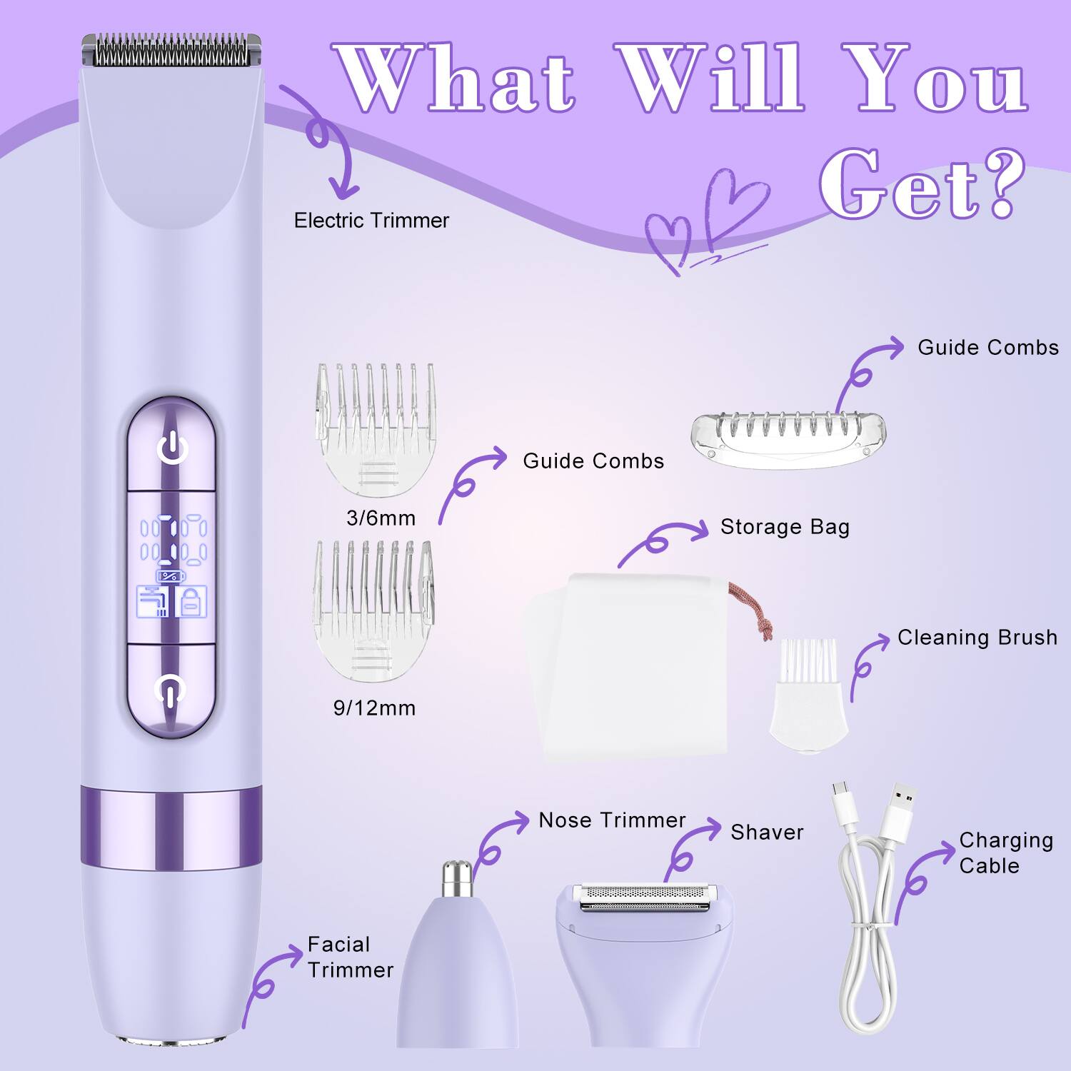 What Will You Get?

- Electric Trimmer
- Guide Combs (3/6mm)
- Guide Combs (9/12mm)
- Storage Bag
- Cleaning Brush
- Nose Trimmer Shaver
- Charging Cable
- Facial Trimmer