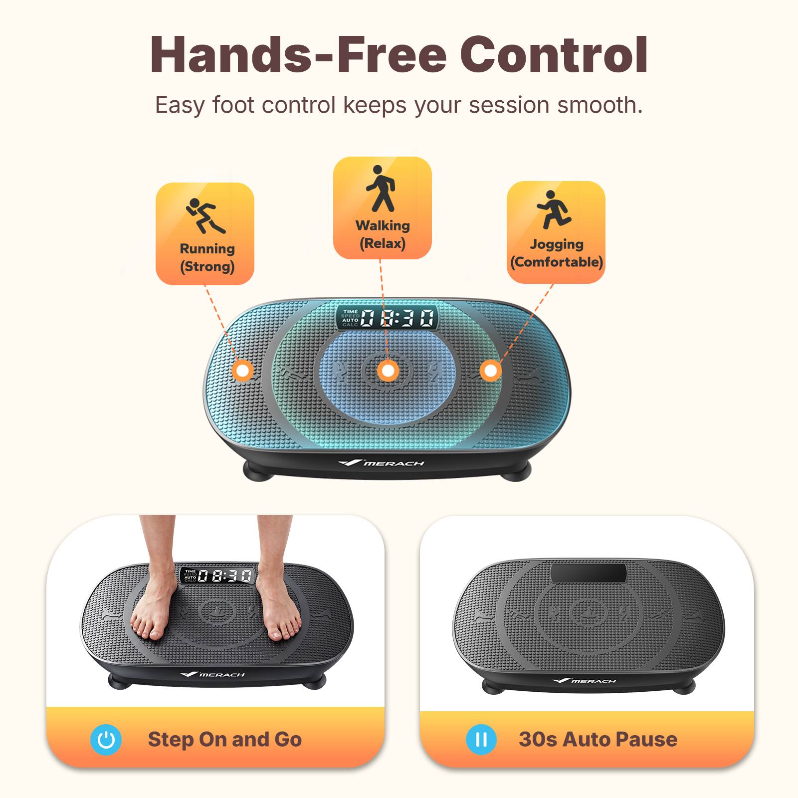 Hands-Free Control  
Easy foot control keeps your session smooth.  
Running (Strong)  
Walking (Relax)  
Jogging (Comfortable)  

Foc AD 8:30  
AUTS CAC  
C FEDALH : - 08:30  
MERAET MEAE  

Step On and Go  
30s Auto Pause