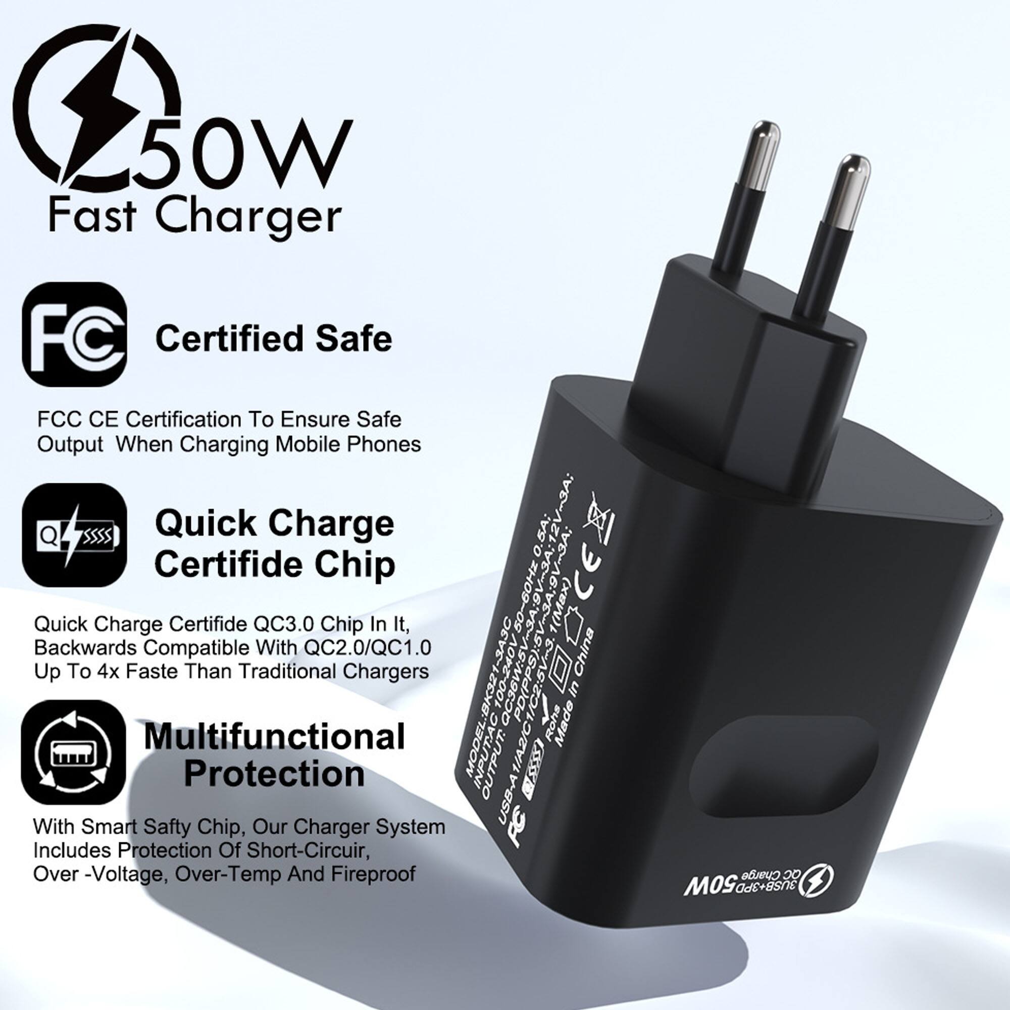 50W Fast Charger

Certified Safe
FCC CE Certification To Ensure Safe Output When Charging Mobile Phones

Quick Charge Certifide Chip
Quick Charge Certifide QC3.0 Chip In It, Backwards Compatible With QC2.0/QC1.0 Up To 4x Faster Than Traditional Chargers

Multifunctional Protection
With Smart Safety Chip, Our Charger System Includes Protection Of Short-Circuit, Over-Voltage, Over-Temp And Fireproof

OUTPUT: 5V 3A, 9V 3A, 12V 3A

Made in China

MODEL: 1/2/C

RoHS

FC

50W

1(Max)

0~60Hz

1-30

China B3

0C36W.5V

PPSRBVLS