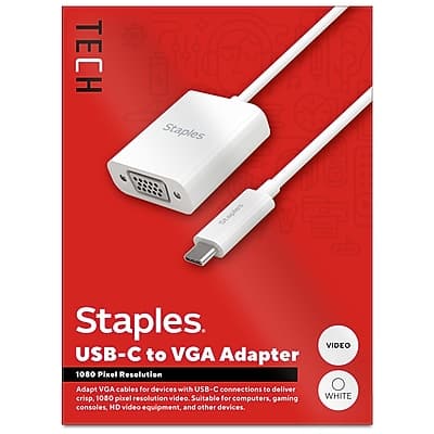 Staples TECH - USB-C to VGA Audio/Video Adapter, Male to Female - White