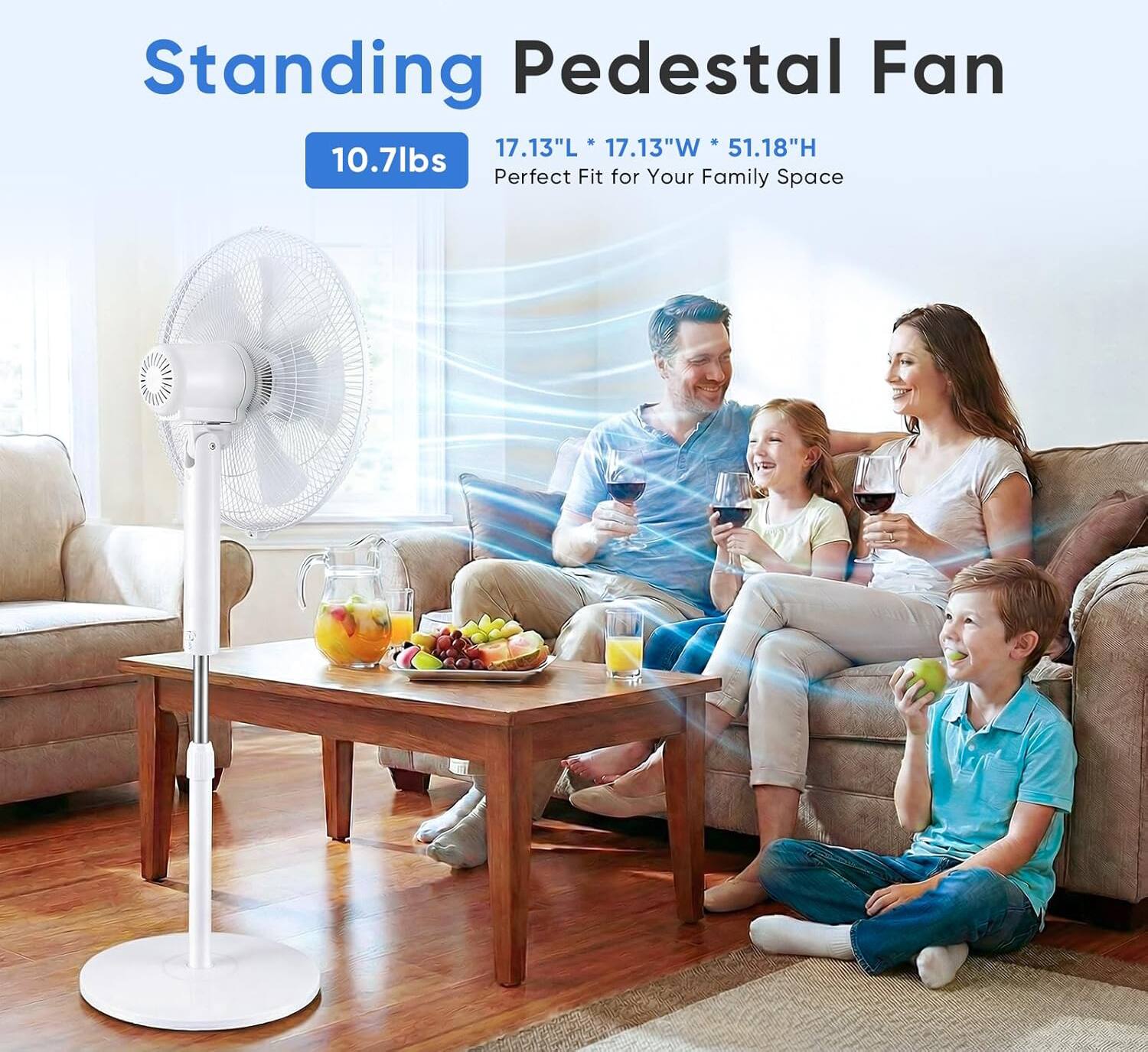 Standing Pedestal Fan - 17.13"L x 17.13"W x 51.18"H - 10.7lbs - Perfect Fit for Your Family Space