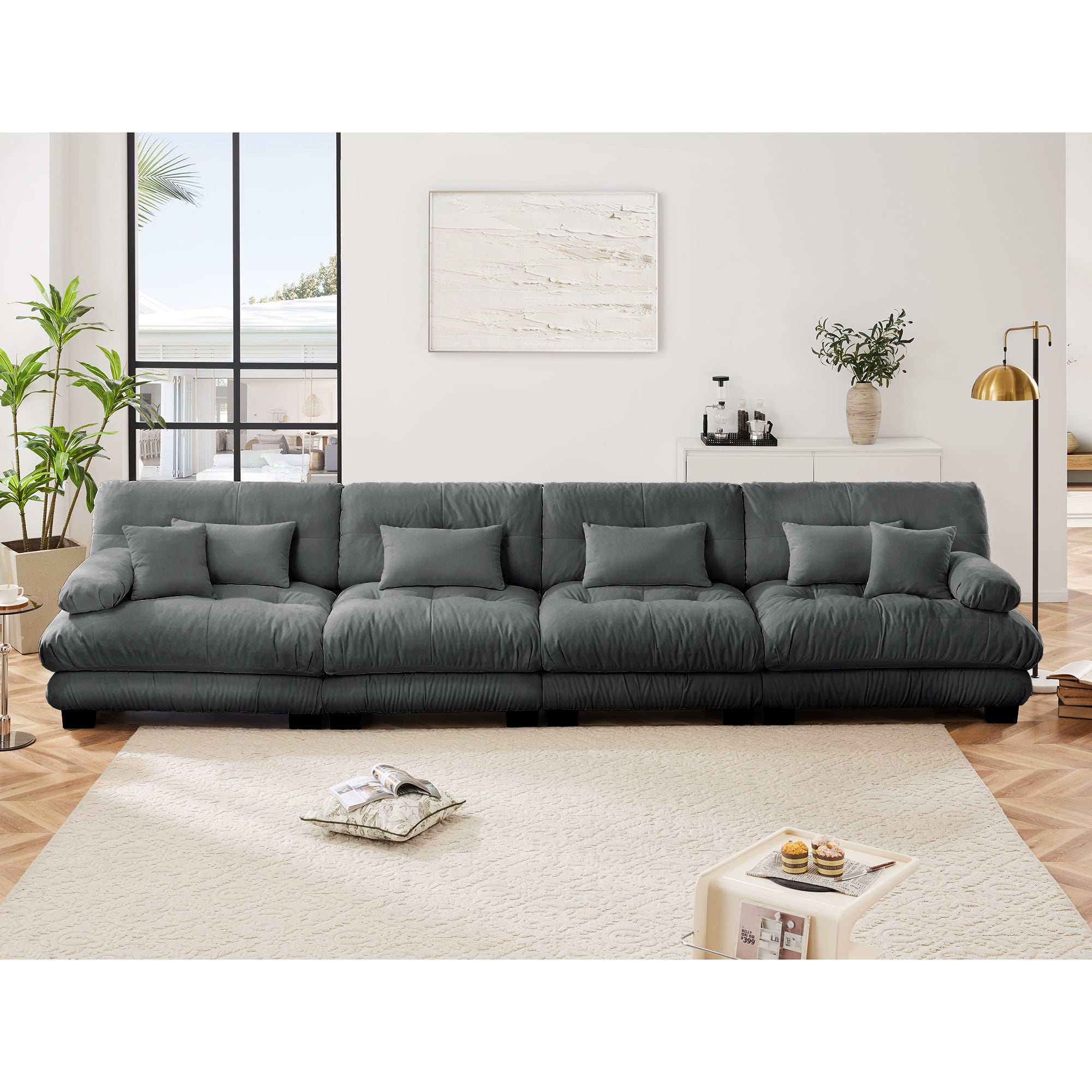 Aukfa - Super Comfort Oversized Modular Velvet Sectional Sofa with Ottoman - Deep Seat Cloud Couch, L-Shaped for Living Room - Gray