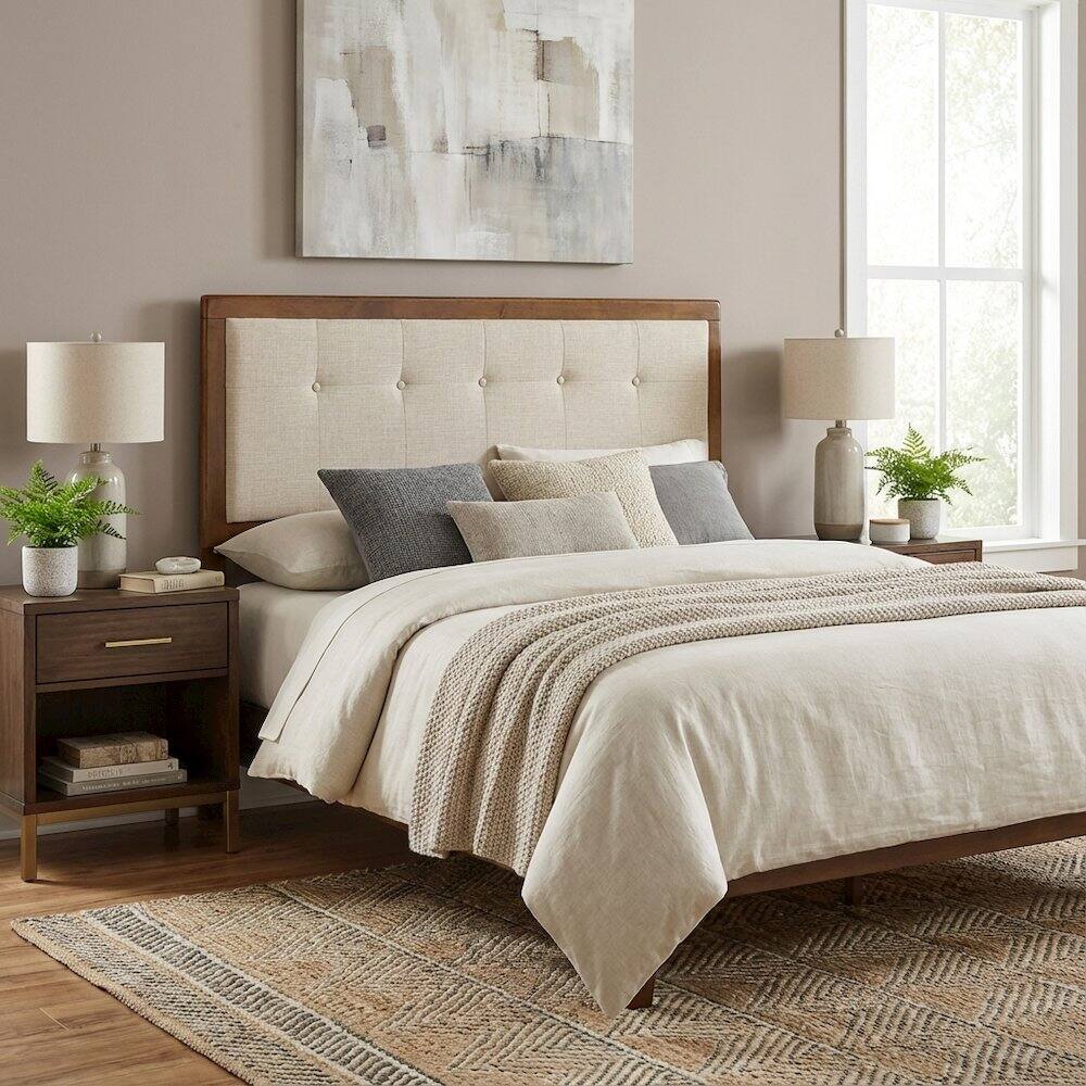 Left. FurniFact - Tufted Fabric King Headboard with Wooden Frame and Elegant Design - Brown.