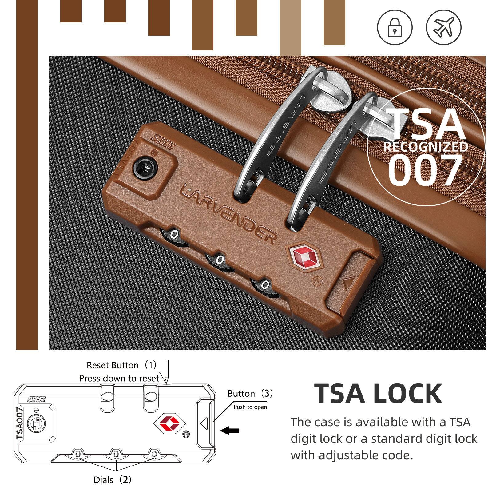9 JTTH TSA RECOGNIZED 007 LARVENDER TSA007

Reset Button (1)  
Press down to reset

Button (3)  
Push to open

TSA LOCK

The case is available with a TSA digit lock or a standard digit lock with adjustable code.

Dials (2)