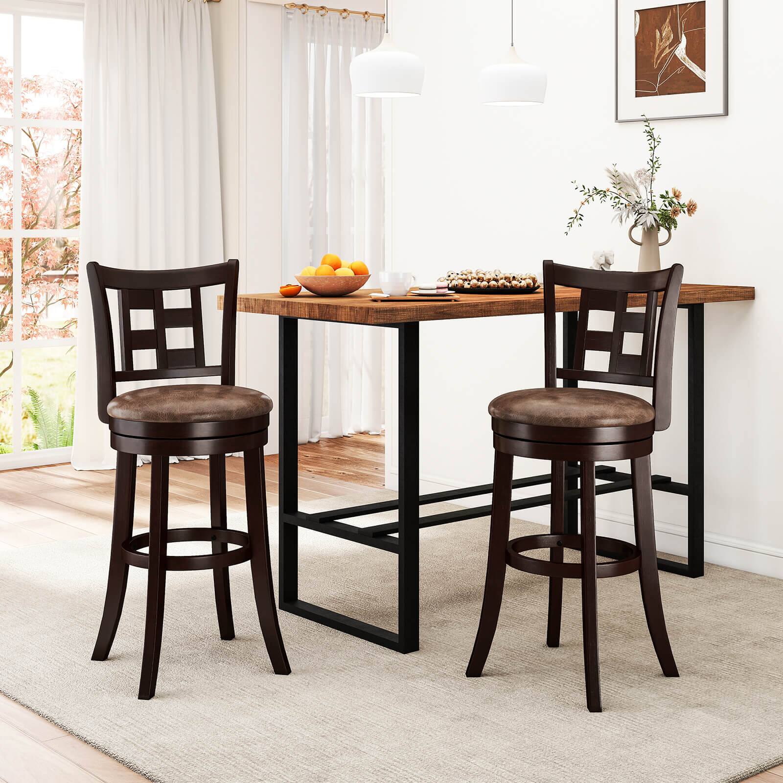 Alt View 1. Costway - Costway Set of 2 Bar Stools 30" Swivel Bar Chairs with Footrest, Lattice Backrest - Coffee & Brown.