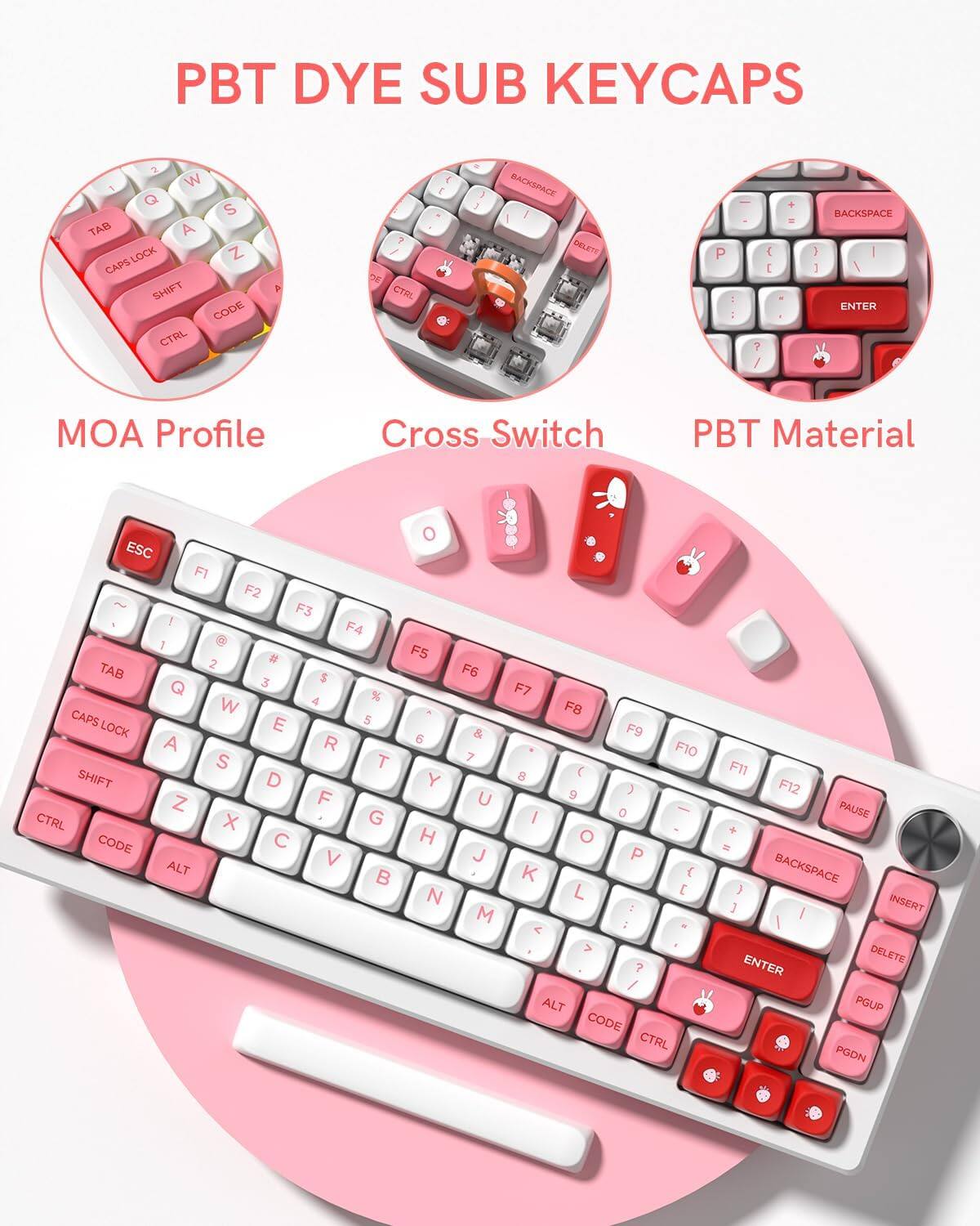 PBT DYE SUB KEYCAPS

MOA Profile Cross Switch PBT Material

ESC F1 F2 F3 F4 F5 F6 F7 F8 F9 F10 F11 F12 PAUSE

TAB Q W E R T Y U I O P

CAPS LOCK A S D F G H J K L

SHIFT Z X C V B N M

CTRL CODE ALT

BACKSPACE DELETE ENTER PGUP PGDN