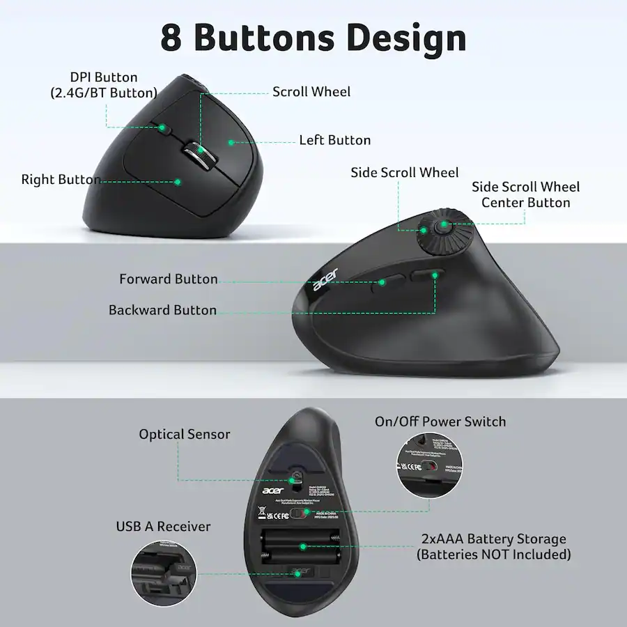 Scroll Wheel Using Buttons Acer Wireless Ergonomic Mouse with Side Scroll Wheel, 4000DPI Bluetooth ...