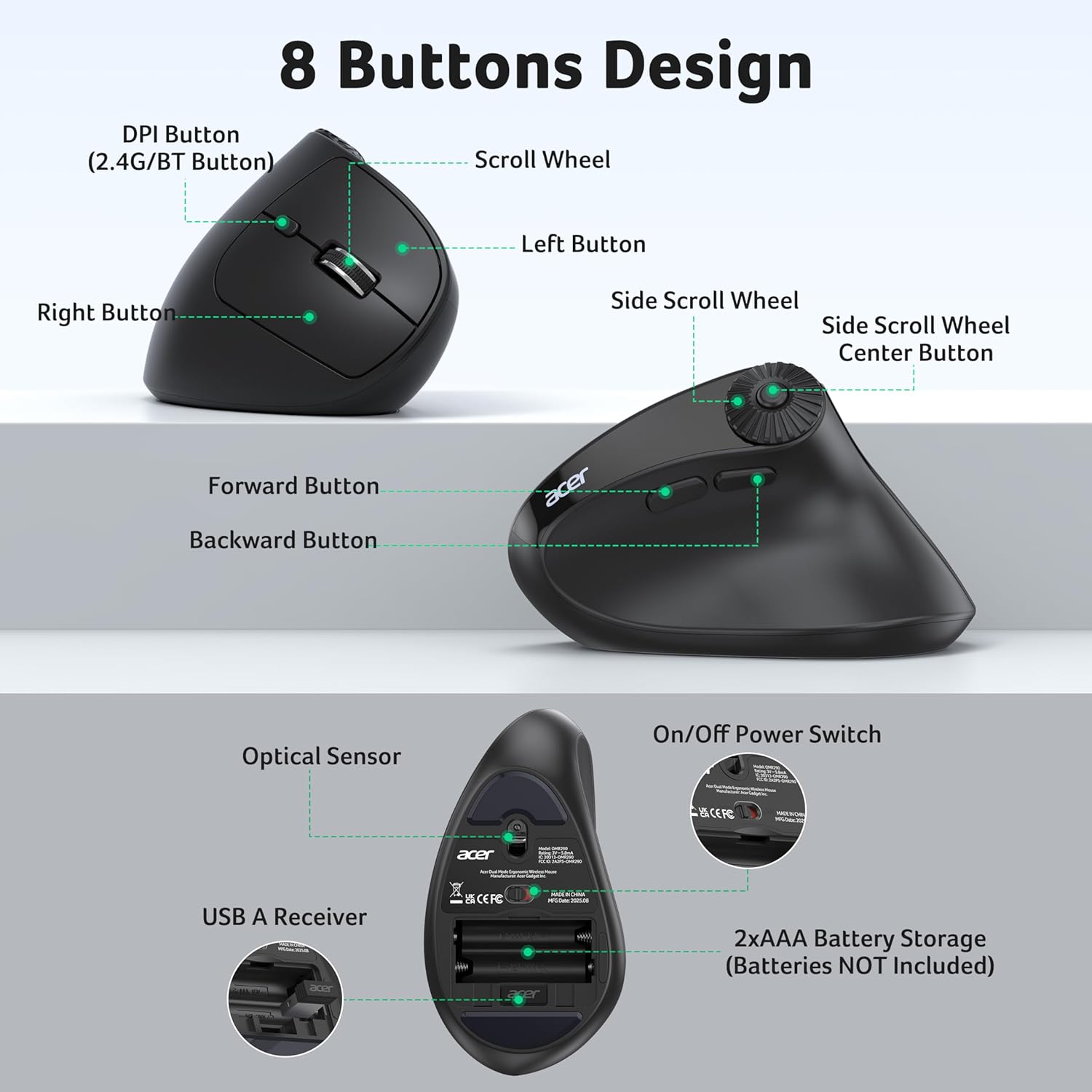 8 Buttons Design  
- DPI Button (2.4G/BT Button)  
- Scroll Wheel  
- Left Button  
- Right Button  
- Side Scroll Wheel  
- Side Scroll Wheel Center Button  
- Forward Button  
- Backward Button  

acer Optical Sensor  
On/Off Power Switch  
2xAAA Battery Storage (Batteries NOT Included)  
USB A Receiver