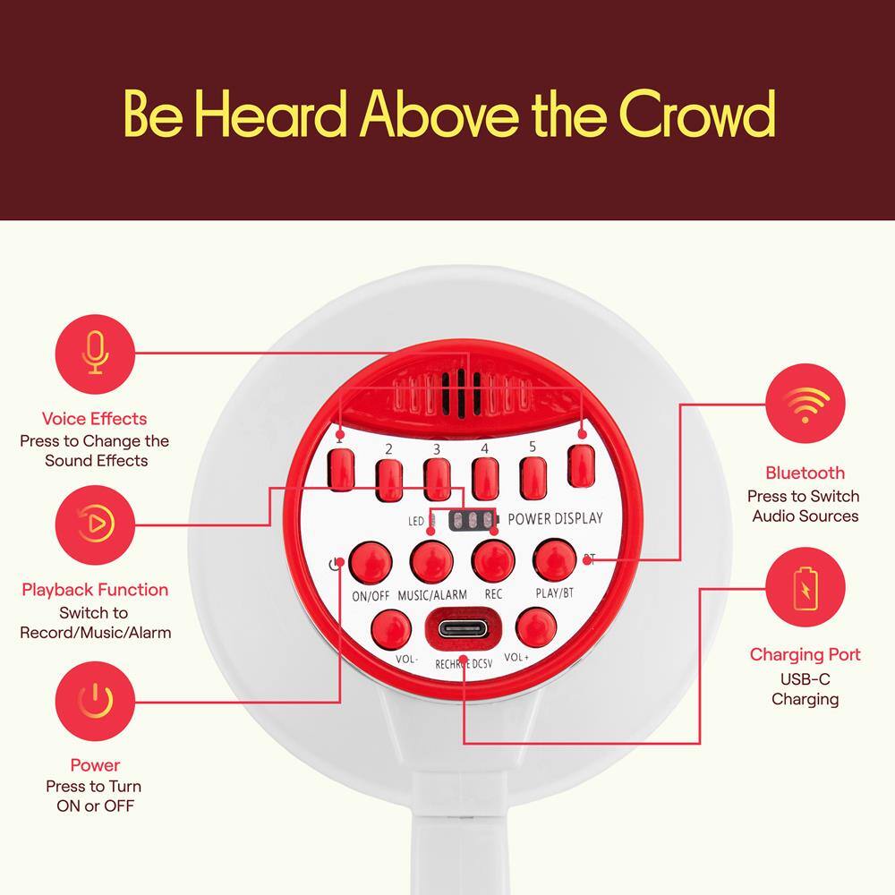 Be Heard Above the Crowd

Voice Effects
Press to Change the Sound Effects

Playback Function
Switch to Record/Music/Alarm

Power
Press to Turn ON or OFF

Bluetooth
Press to Switch Audio Sources

Charging Port
USB-C Charging