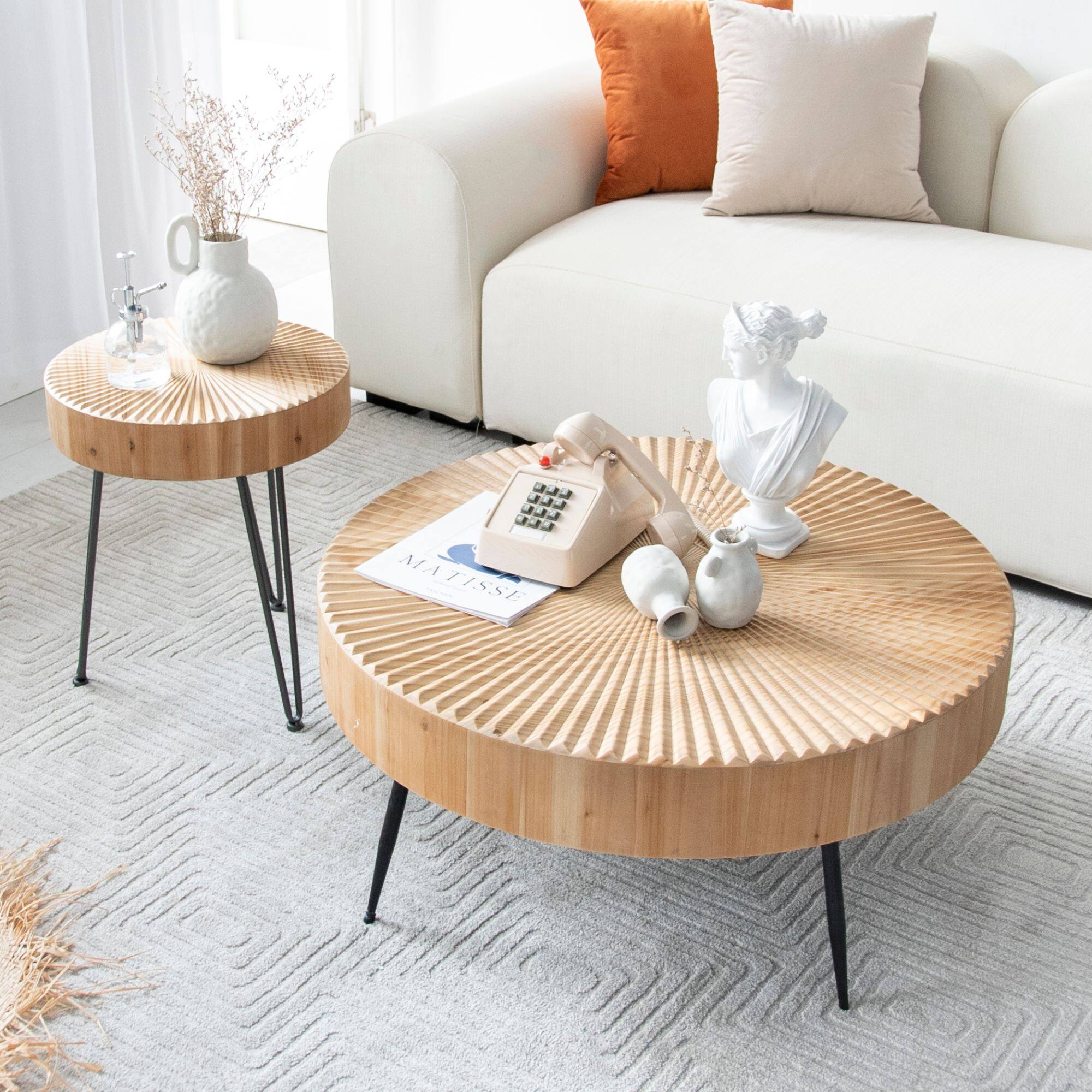 Alt View 7. COZAYH - COZAYH 2 Piece Round Coffee Tables, Wooden Living Room Furniture, Radial Pattern - Wood.