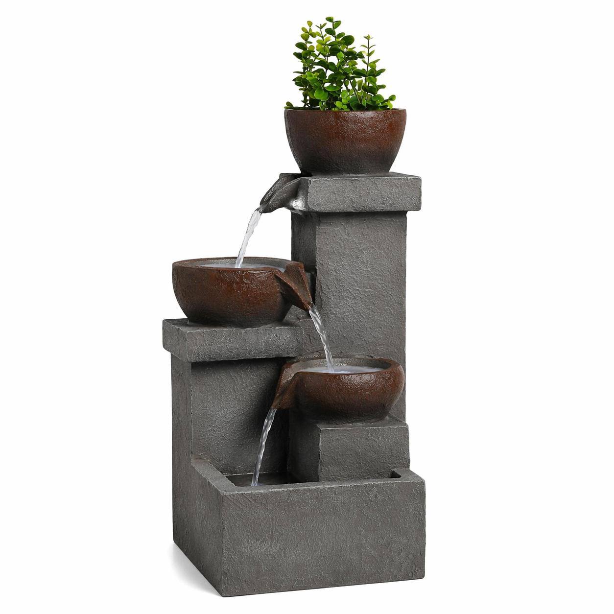 Alt View 3. RYHNUYNE - Outdoor Water Fountain with Planter – Tiered Cascading Jar Waterfall Resin Garden Decor with LED Lights for Patio, Porch.