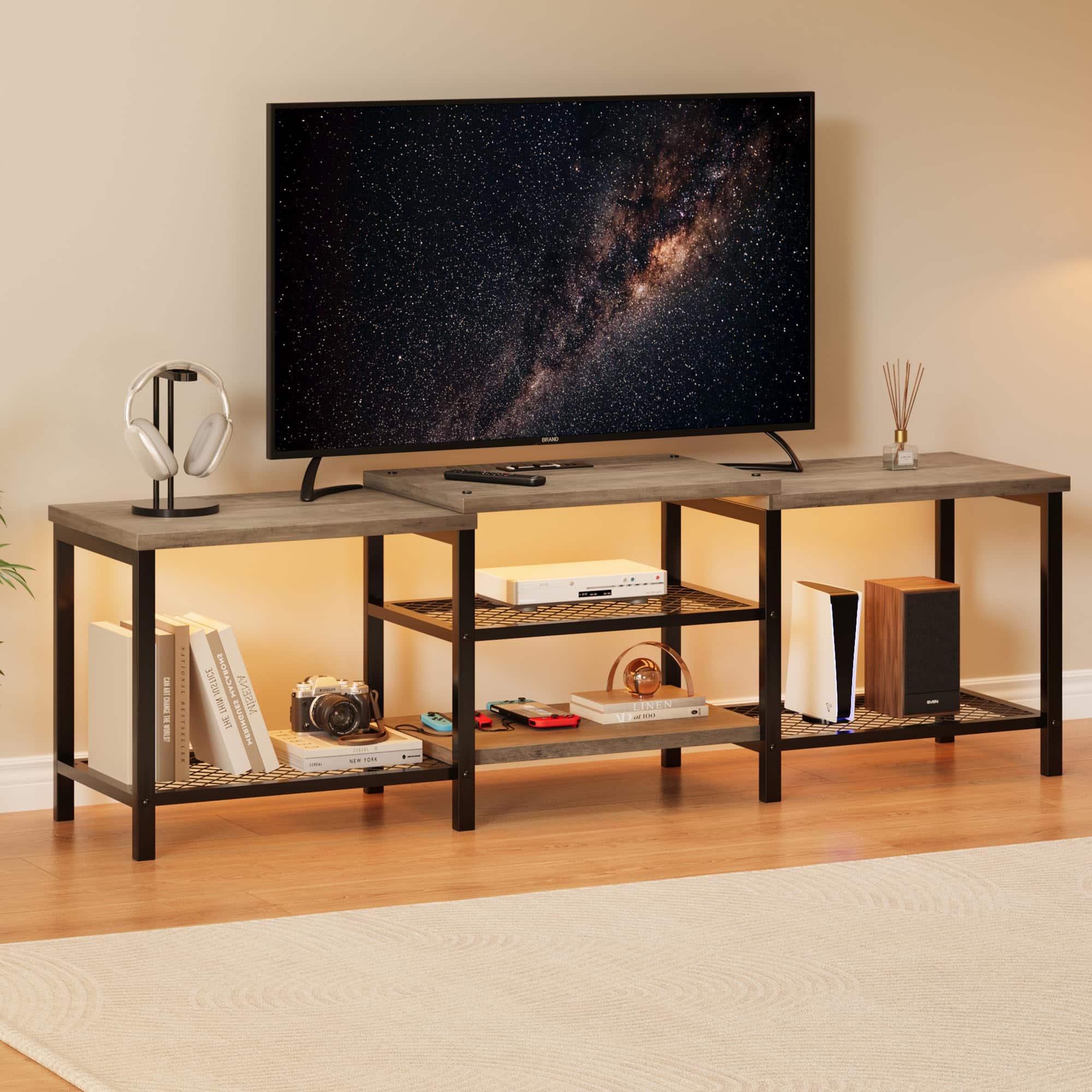 Jojoka - 67" TV Stand with LED Lights for 55–75" TVs, Large Entertainment Center with Power Outlets & Storage - Gray