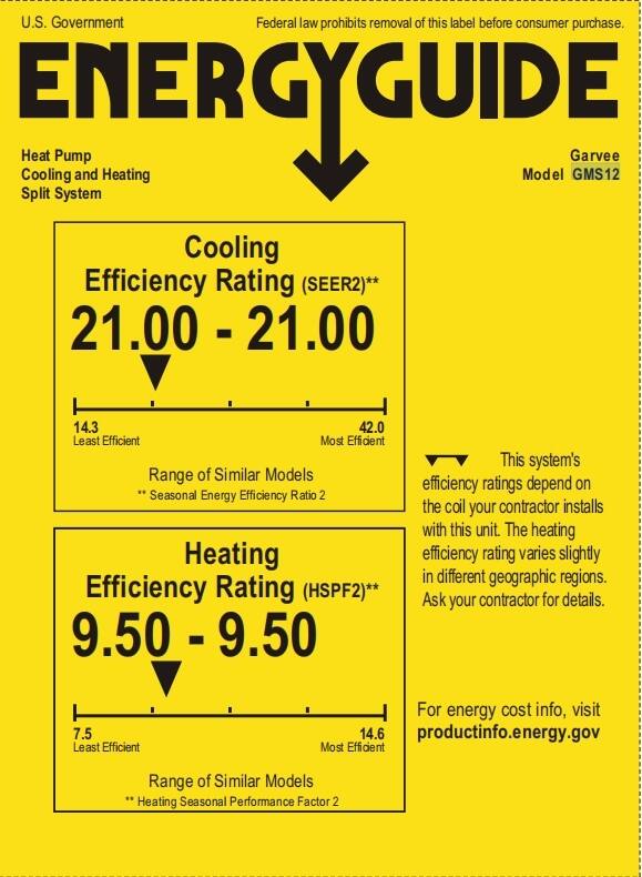 U.S. Government  
Federal law prohibits removal of this label before consumer purchase.

**ENERGYGUIDE**

Heat Pump  
Cooling and Heating  
Split System

Garvee  
Model GMS12

**Cooling Efficiency Rating (SEER2)**  
21.00 - 21.00  
14.3 Least Efficient  
42.0 Most Efficient  
Range of Similar Models  
**Seasonal Energy Efficiency Ratio 2**

**Heating Efficiency Rating (HSPF2)**  
9.50 - 9.50  
7.5 Least Efficient  
14.6 Most Efficient  
Range of Similar Models  
**Heating Seasonal Performance Factor 2**

This system's efficiency ratings depend on the coil your contractor installs with this unit. The heating efficiency rating varies slightly in different geographic regions. Ask your contractor for details.

For energy cost info, visit productinfo.energy.gov