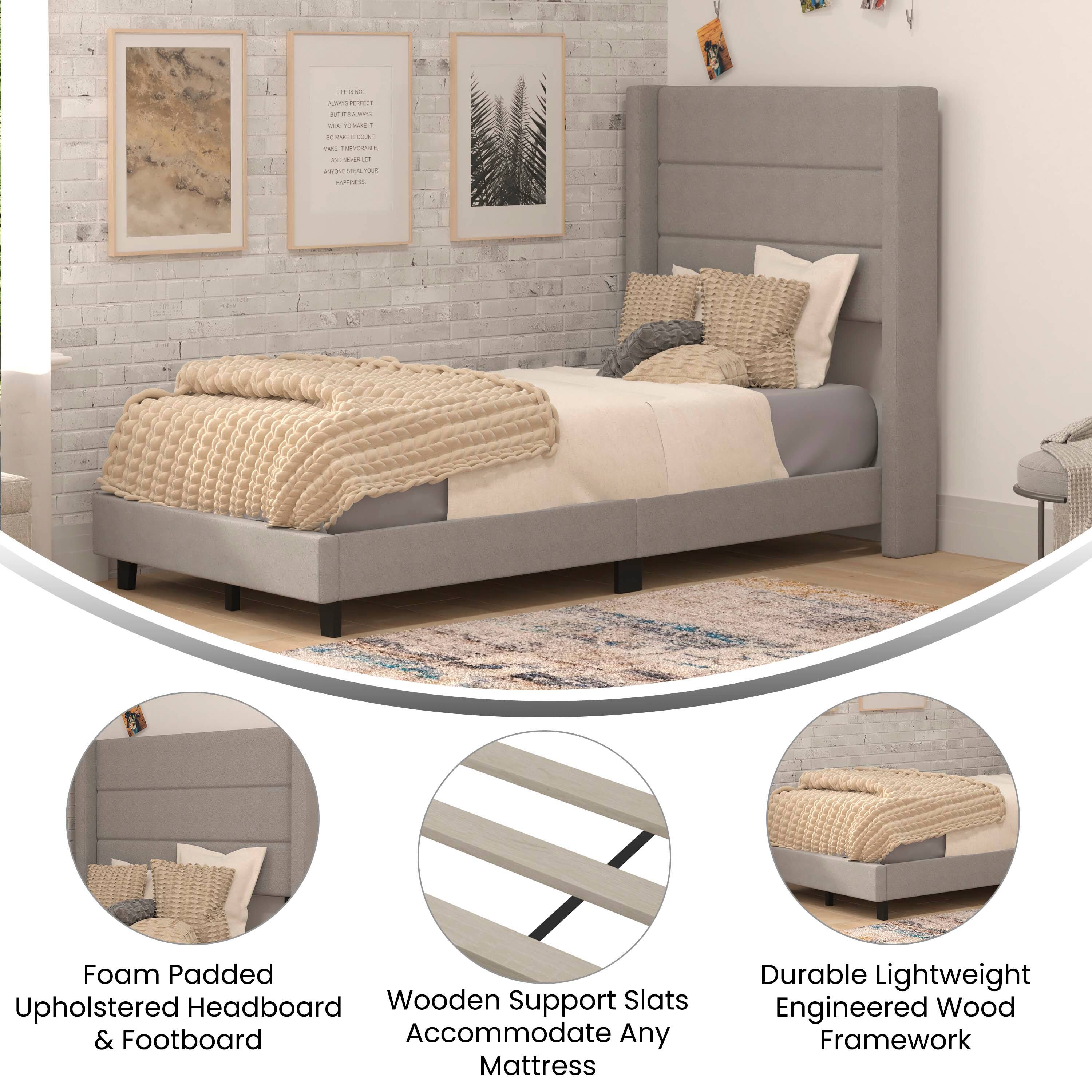 - Foam Padded Upholstered Headboard & Footboard
- Wooden Support Slats Accommodate Any Mattress
- Durable Lightweight Engineered Wood Framework