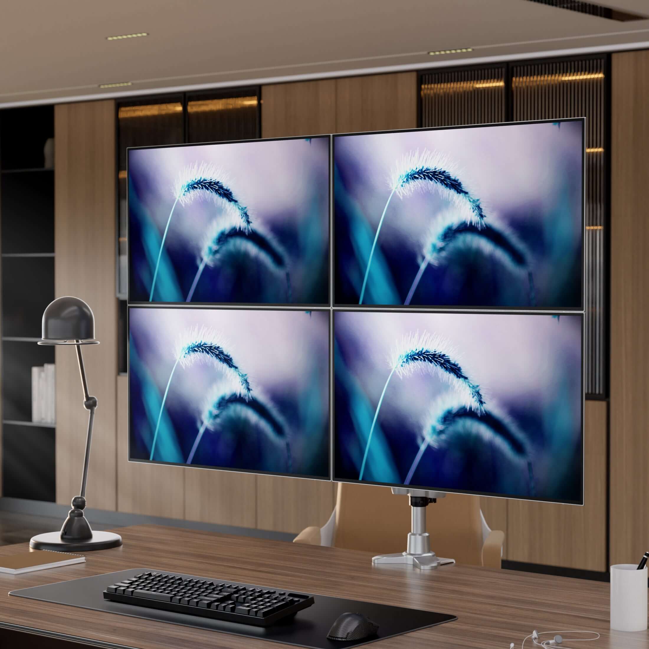 Angle. Mount-It! - CLiX Series Full Motion Quad Monitor Desk Mount – Height Adjustable, Articulating Arms for Four Monitors up to 32″ - Silver.