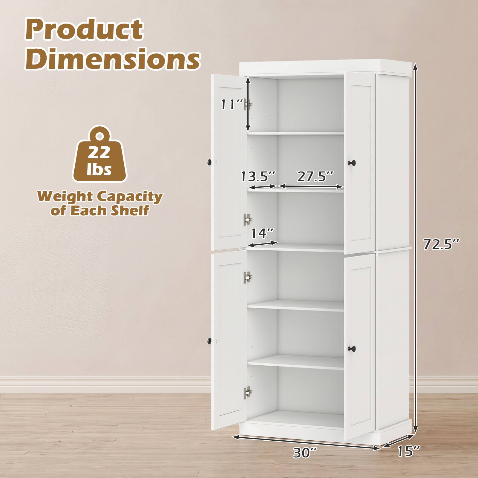 Product Dimensions: 11' 1" x 14" x 30" x 15"  
Weight Capacity of Each Shelf: 22 lbs